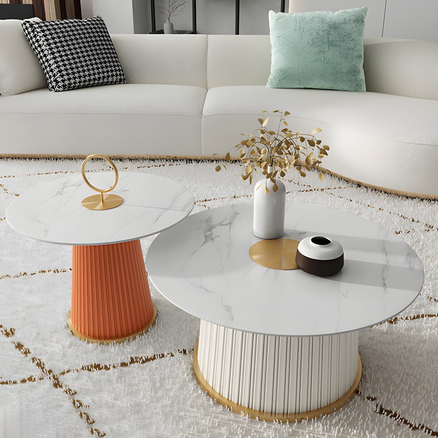 Modern Metal Cocktail Table Round Pedestal Coffee Table - White thumbnail 16