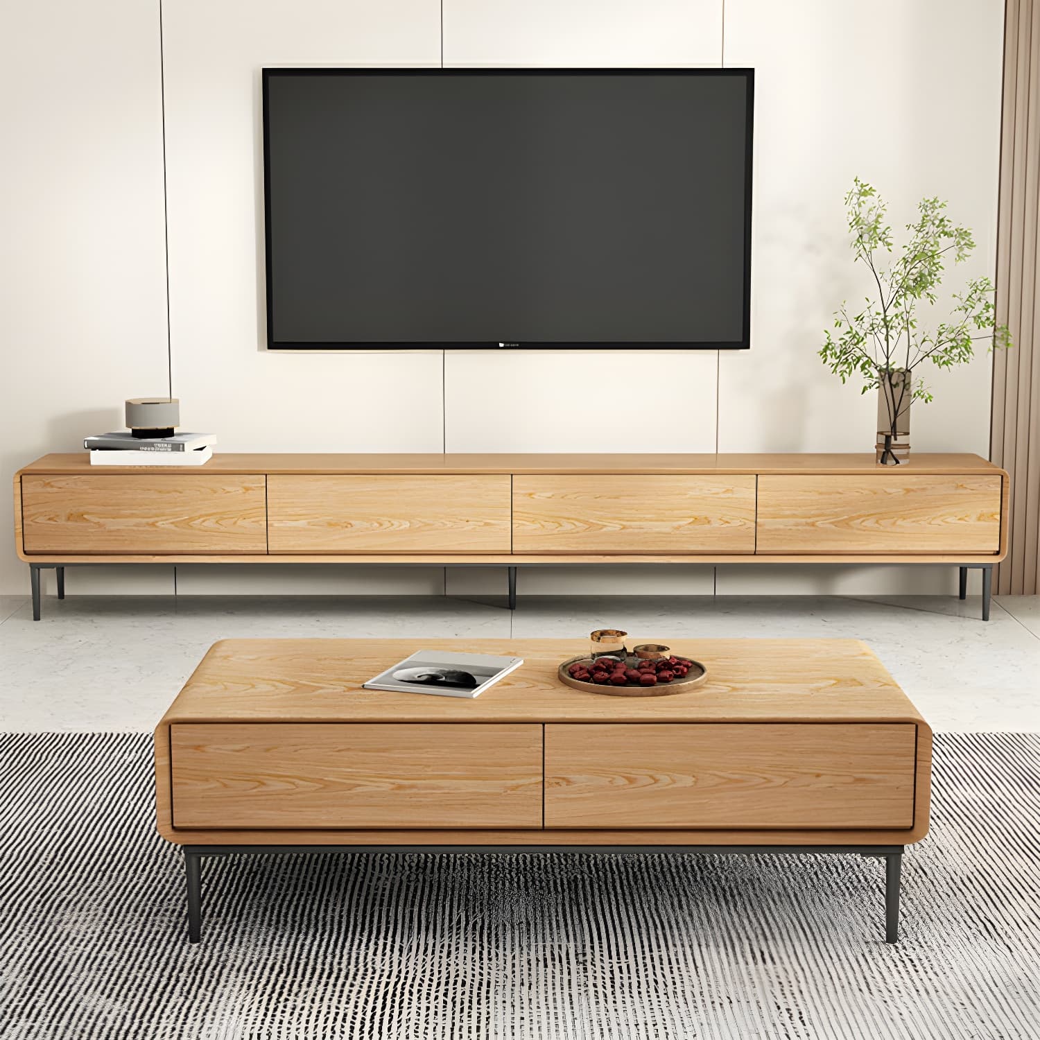 Contemporary Wood Media Console TV Stand in Natural with Drawers thumbnail 4