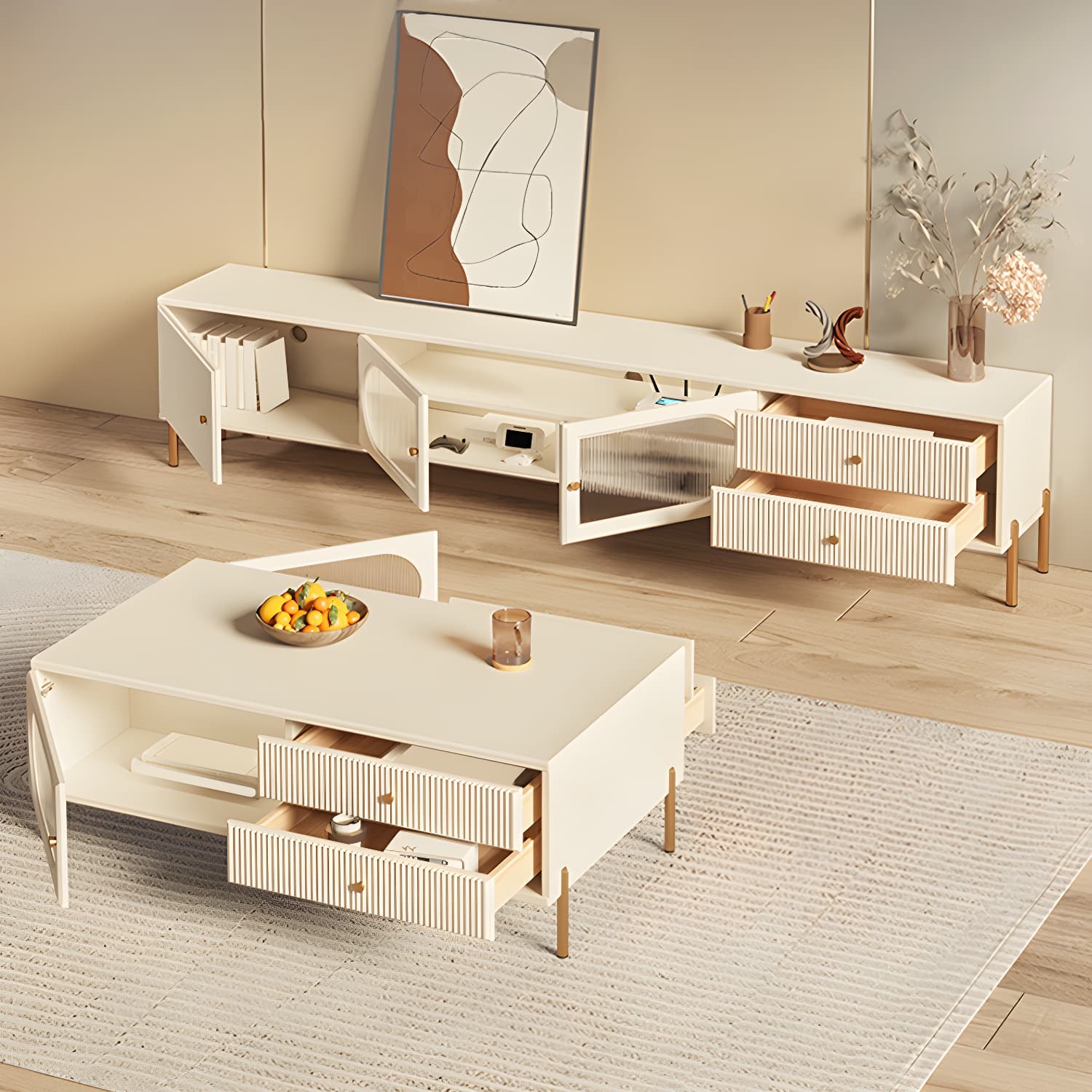 White Cable Management TV Console Modern Engineered Wood Media Console thumbnail 2