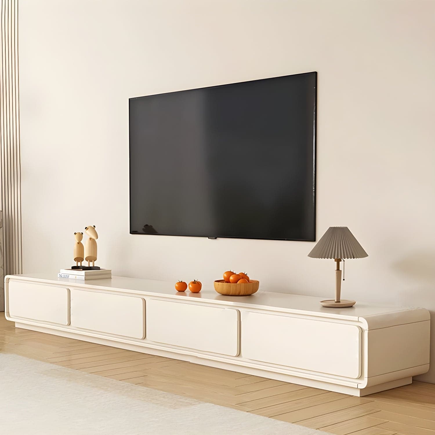 Beige Modern TV Stand with Soft Close Drawers - Cable Management - No Assembly Required thumbnail 2