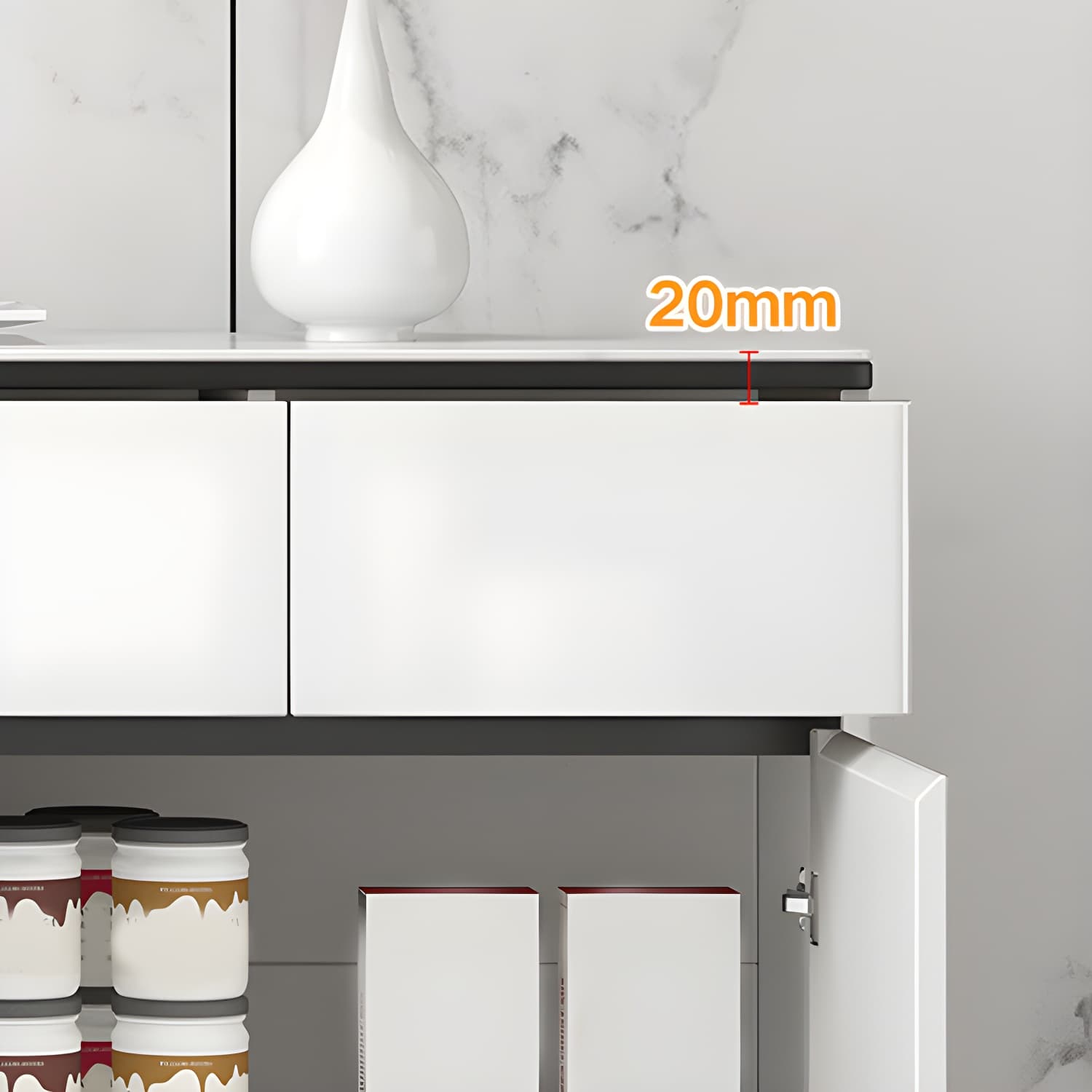 Modern White Sideboard with Glass Countertop, Cabinets, and Drawers thumbnail 6