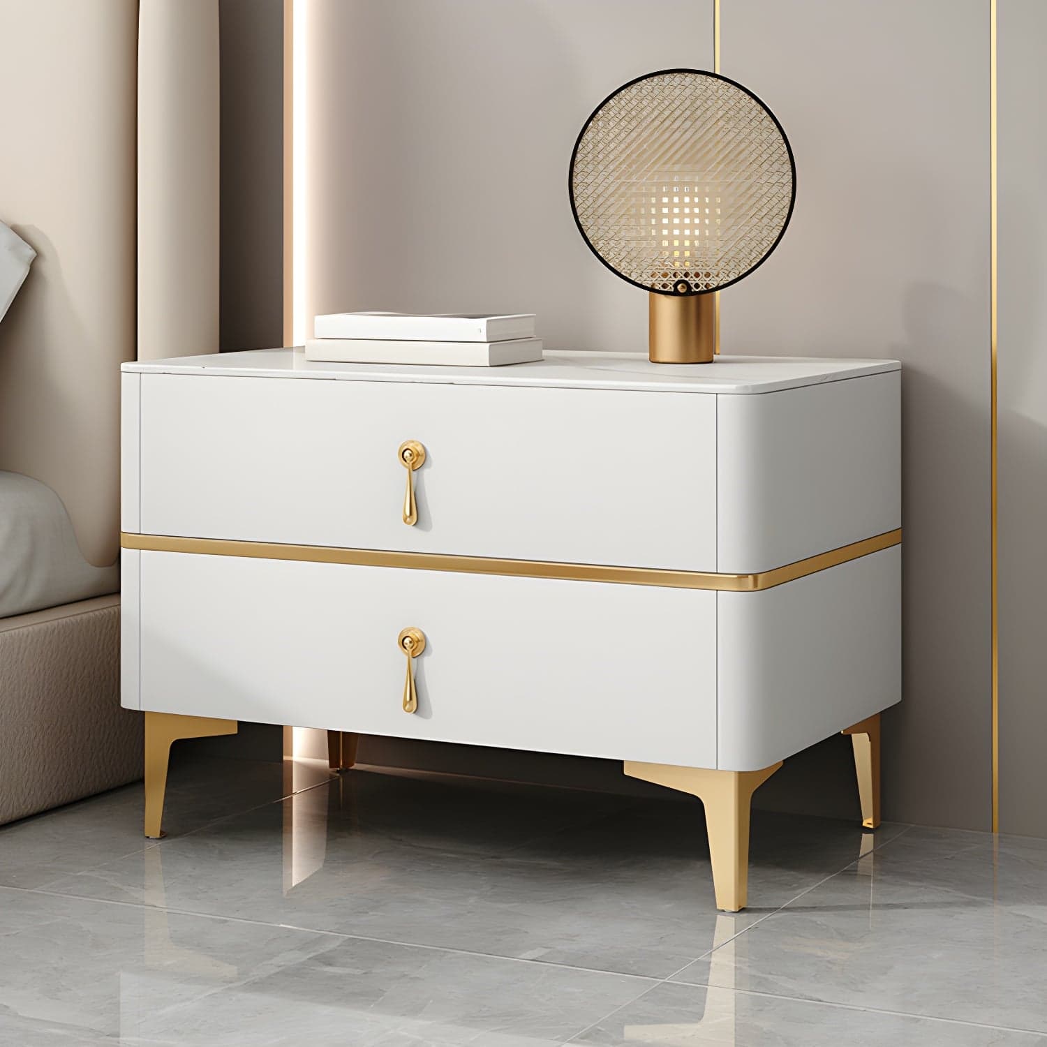 Glam Style Sintered Stone Top 2- Drawer Nightstand with Legs for Bedroom thumbnail 10