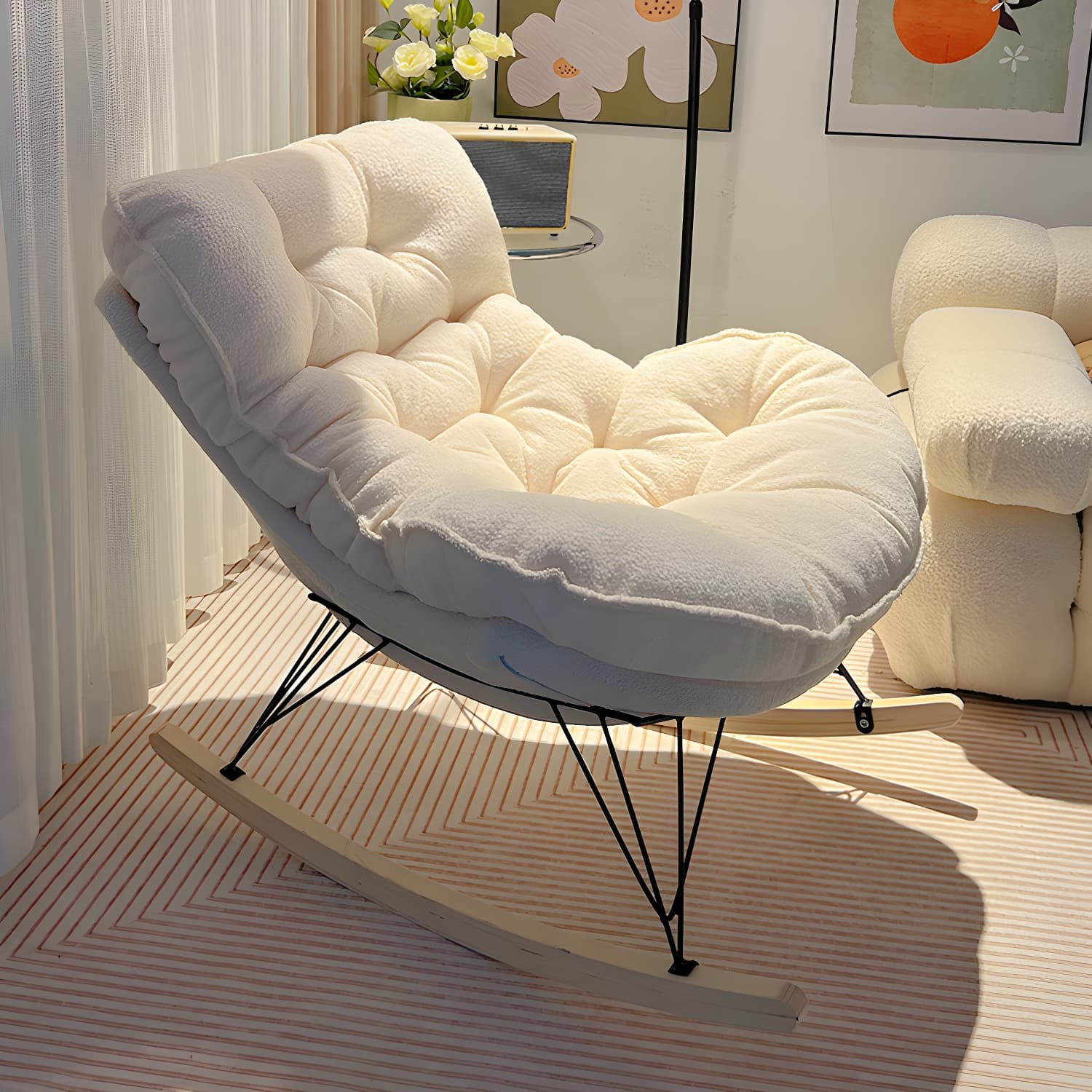 Modern Tufted Upholstered Rocking Chair with Natural Wood Legs thumbnail 12
