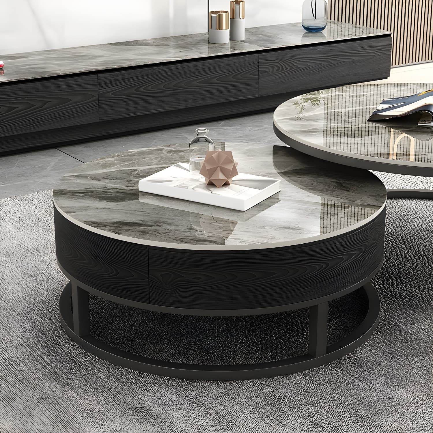 Set of 2 Round Stone Top Modern Nesting Tables with Black Metal Frames and Drawers Included thumbnail 7