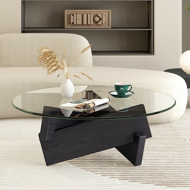 Stylish Round Glass Coffee Table with Tempered Top and Abstract Wood Base thumbnail 4