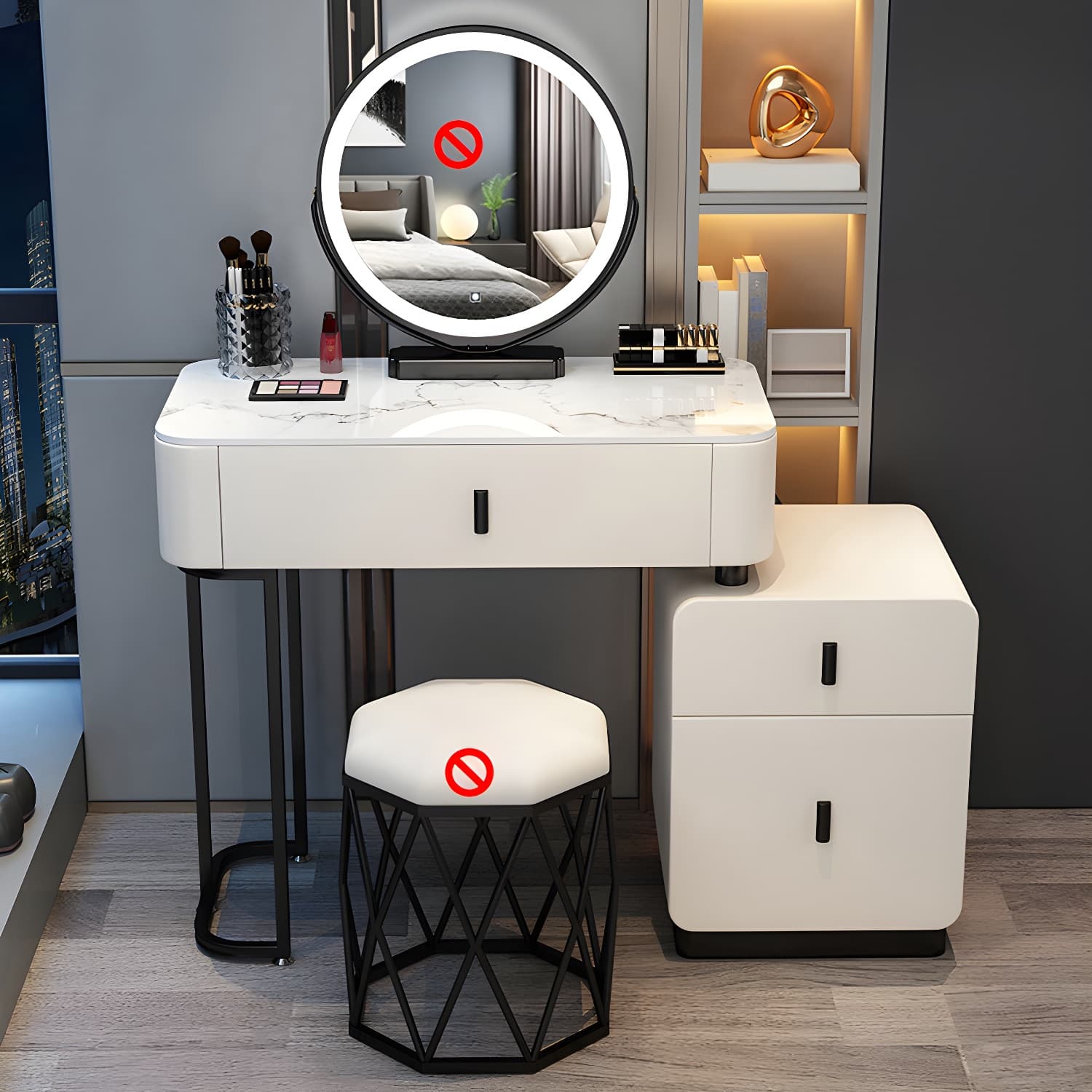 Wood Makeup Vanity Lighted Mirror Vanity Table and Stool Set thumbnail 2
