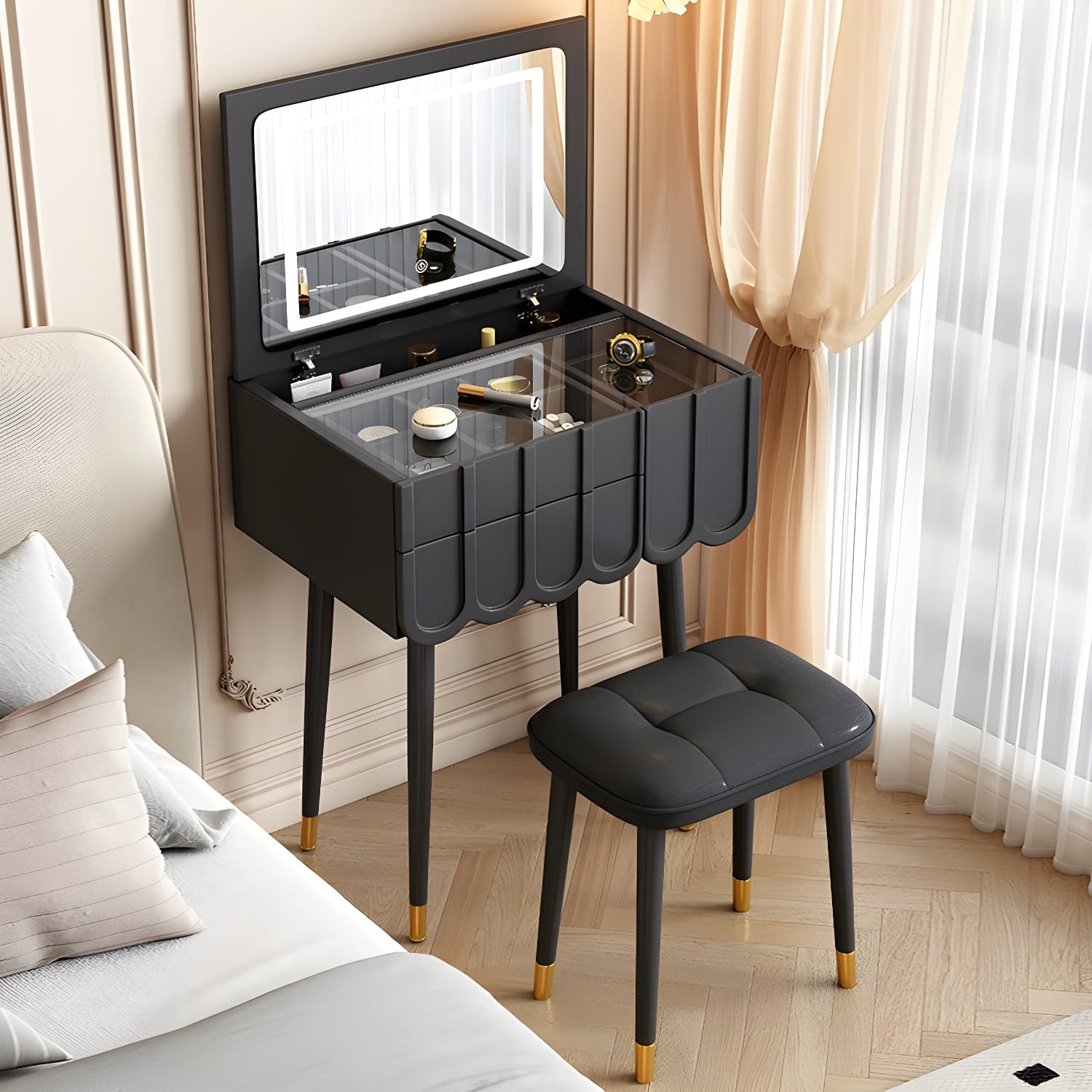 Elegant Vanity Set with Oak Top & Mirror & 2 Drawers & Comfortable Seat thumbnail 3