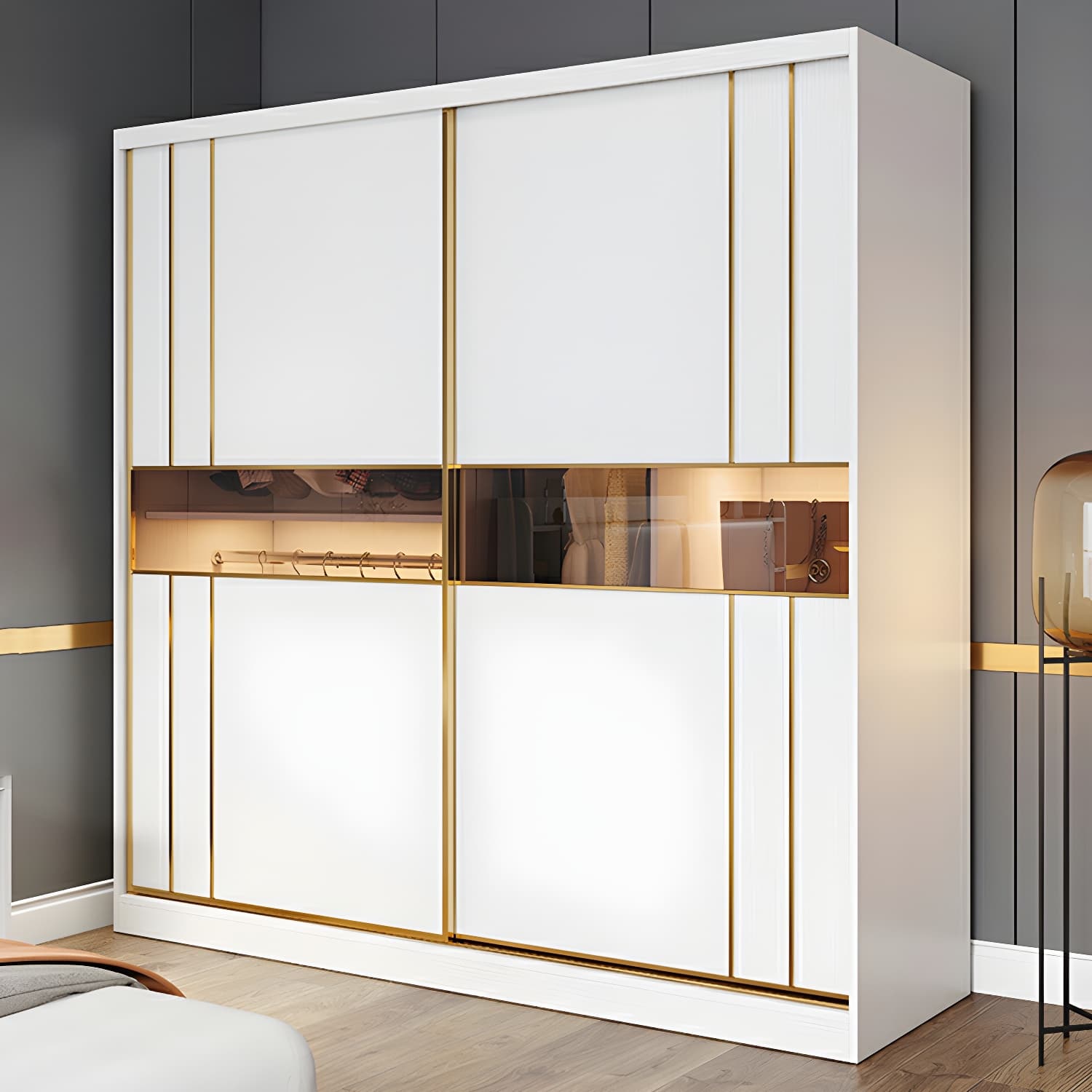 Modern White Wardrobe Armoire with Mirror, Drawers & Clothing Rod thumbnail 3