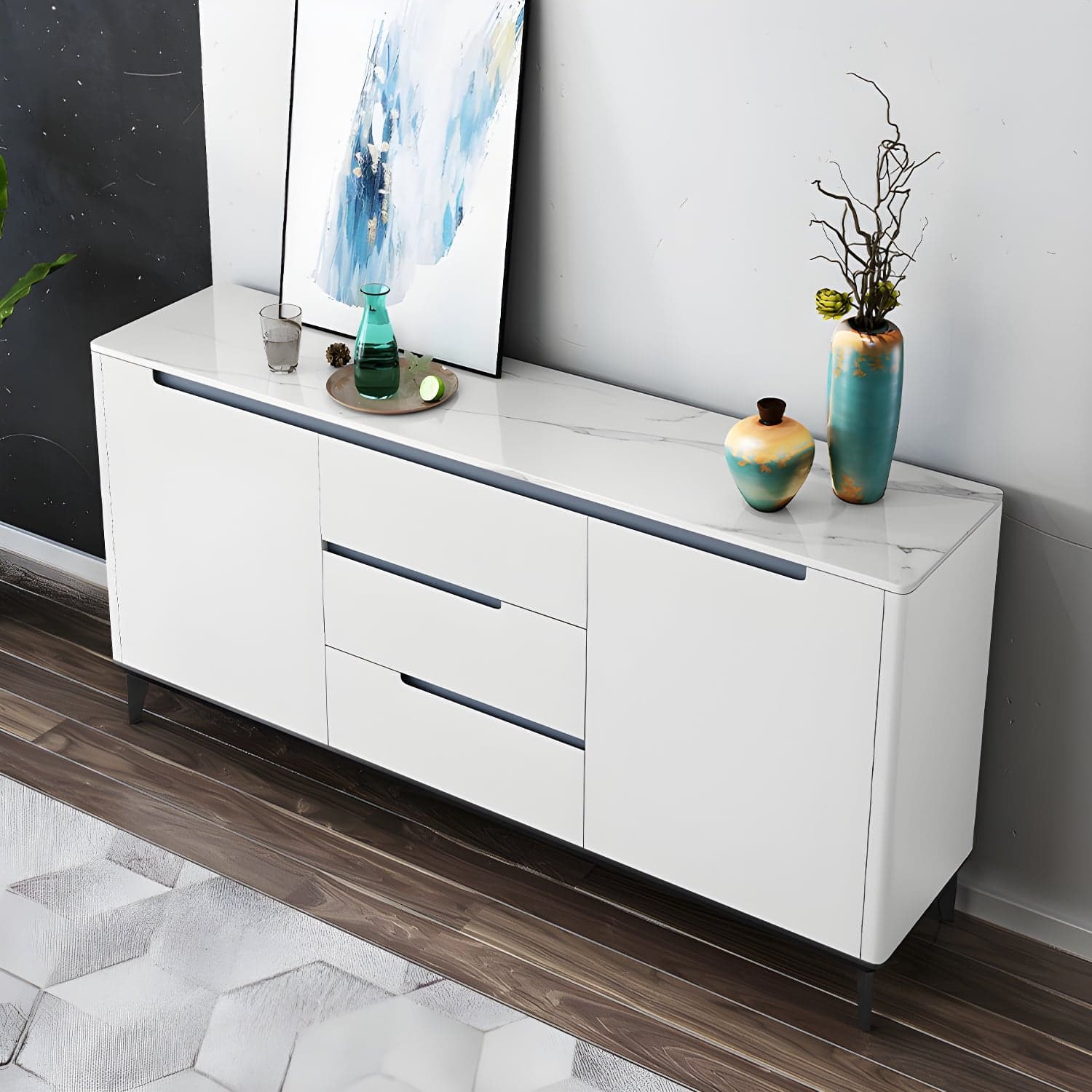 Modern Antique Finish Credenza 3 Drawer Sintered Stone Sideboard Cabinet thumbnail 4