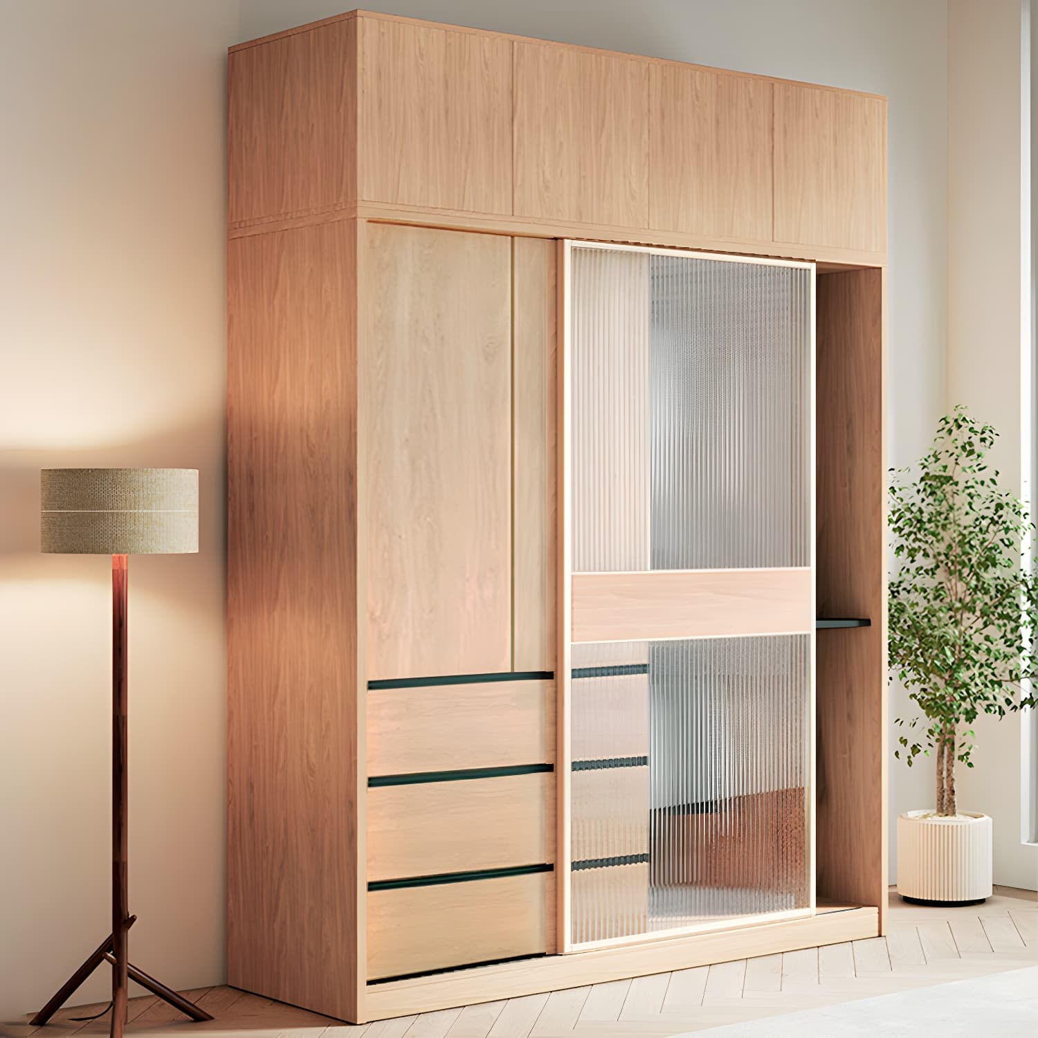 Engineered Wood Wardrobe Armoire with Drawer Modern Wardrobe Closet thumbnail 11