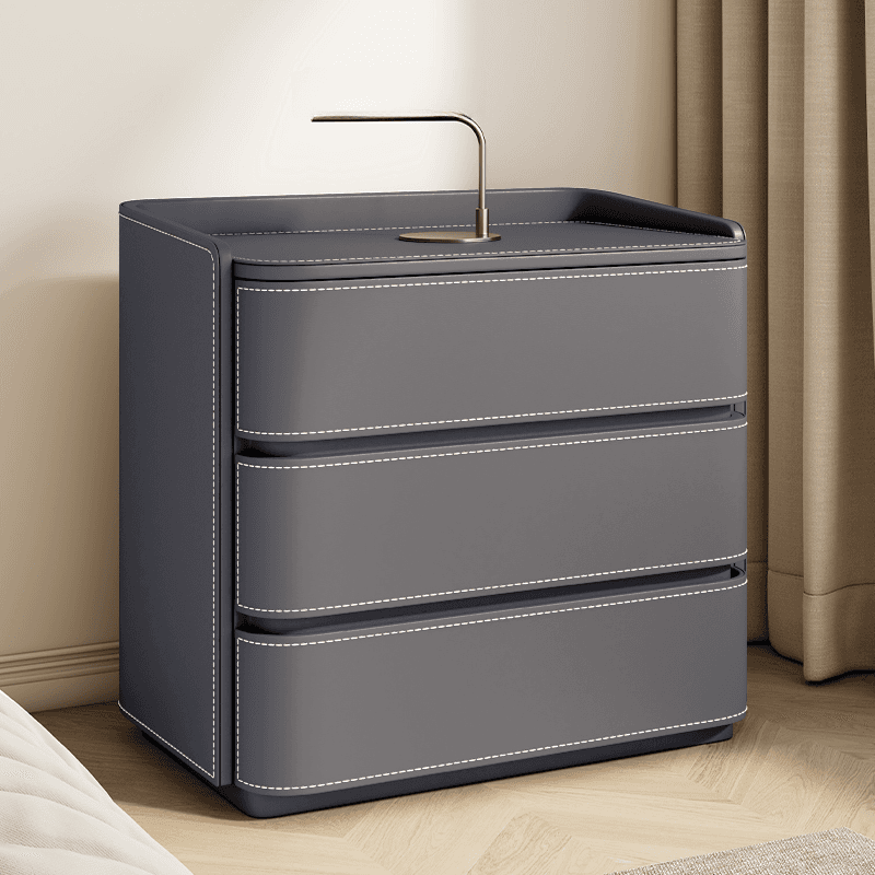 Contemporary 3 Tiers Genuine Leather Drawer Storage Bedside Table thumbnail 3