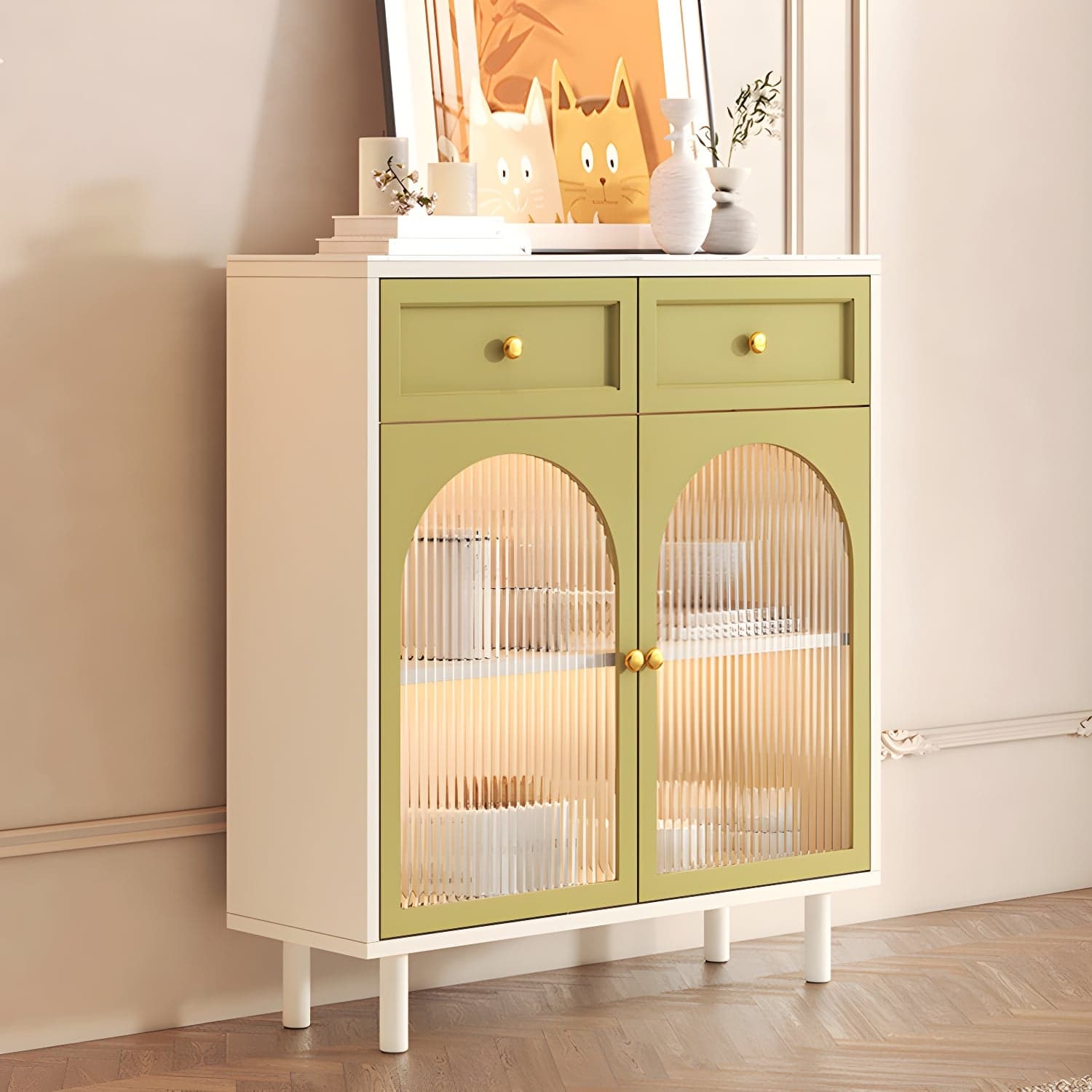 Wooden Buffet Server with Stone Countertop, Glass Doors, and Drawers thumbnail 1