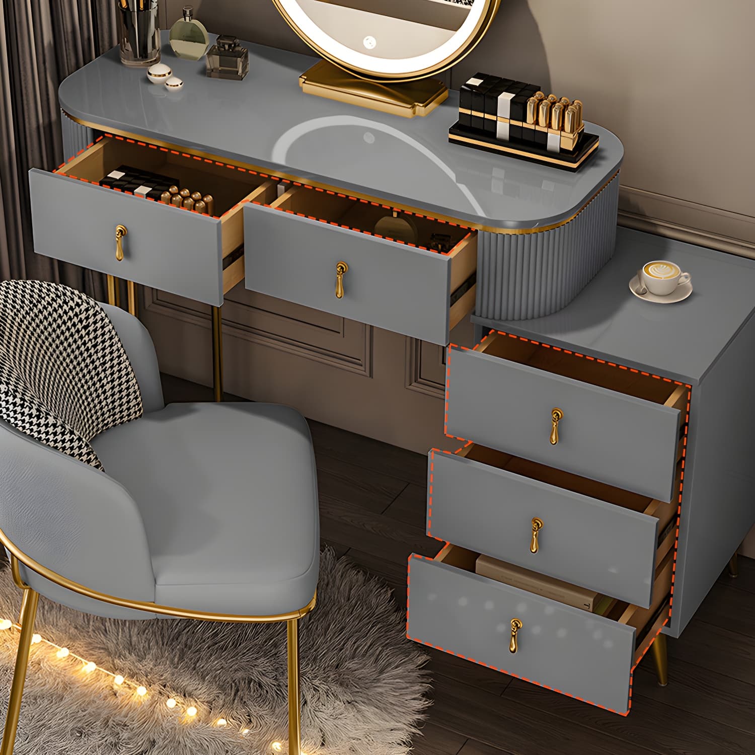 Gold Base Makeup Counter 15.74" Wide Vanity Tables with Storage Drawers thumbnail 11