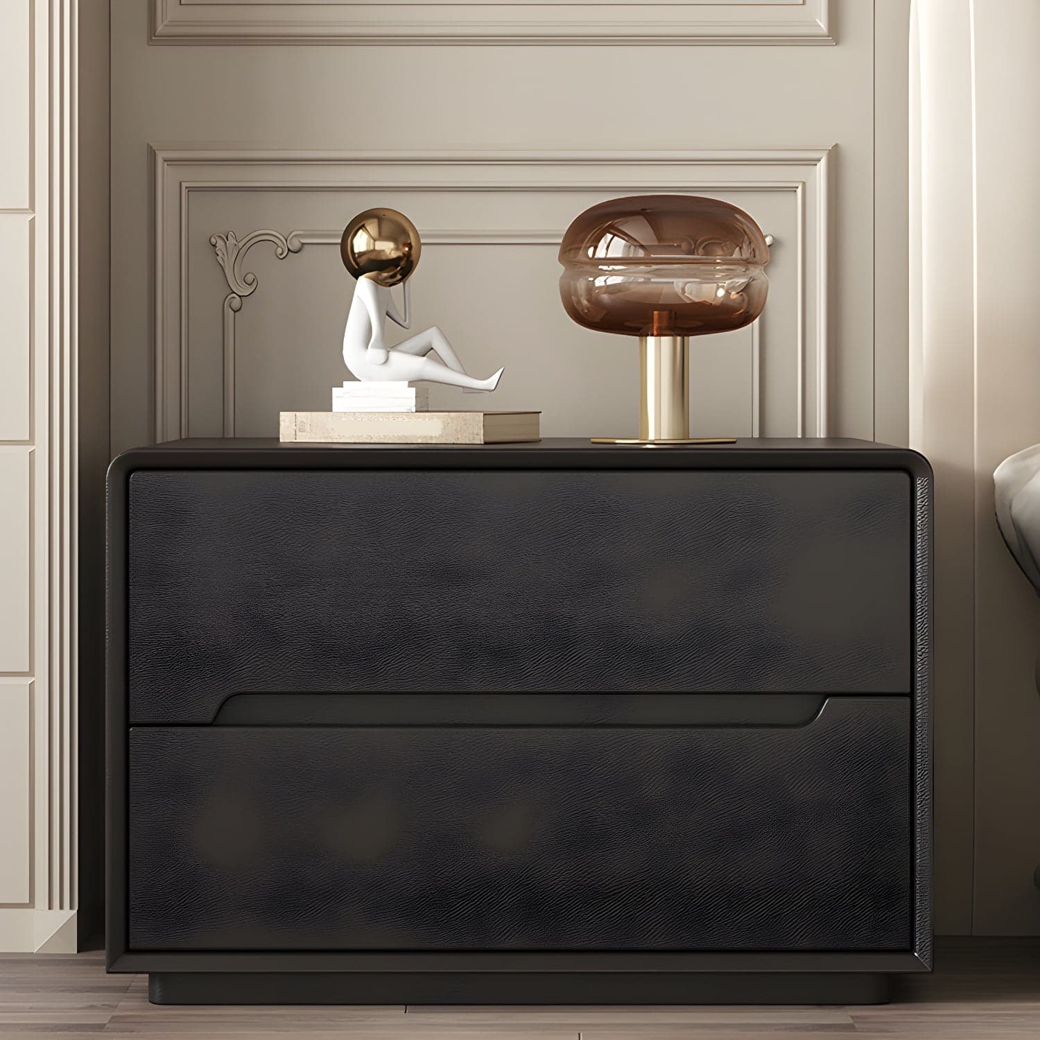 Modern Faux Leather Nightstand with 2 Drawers & No Distressing - Light Wood Tone thumbnail 1