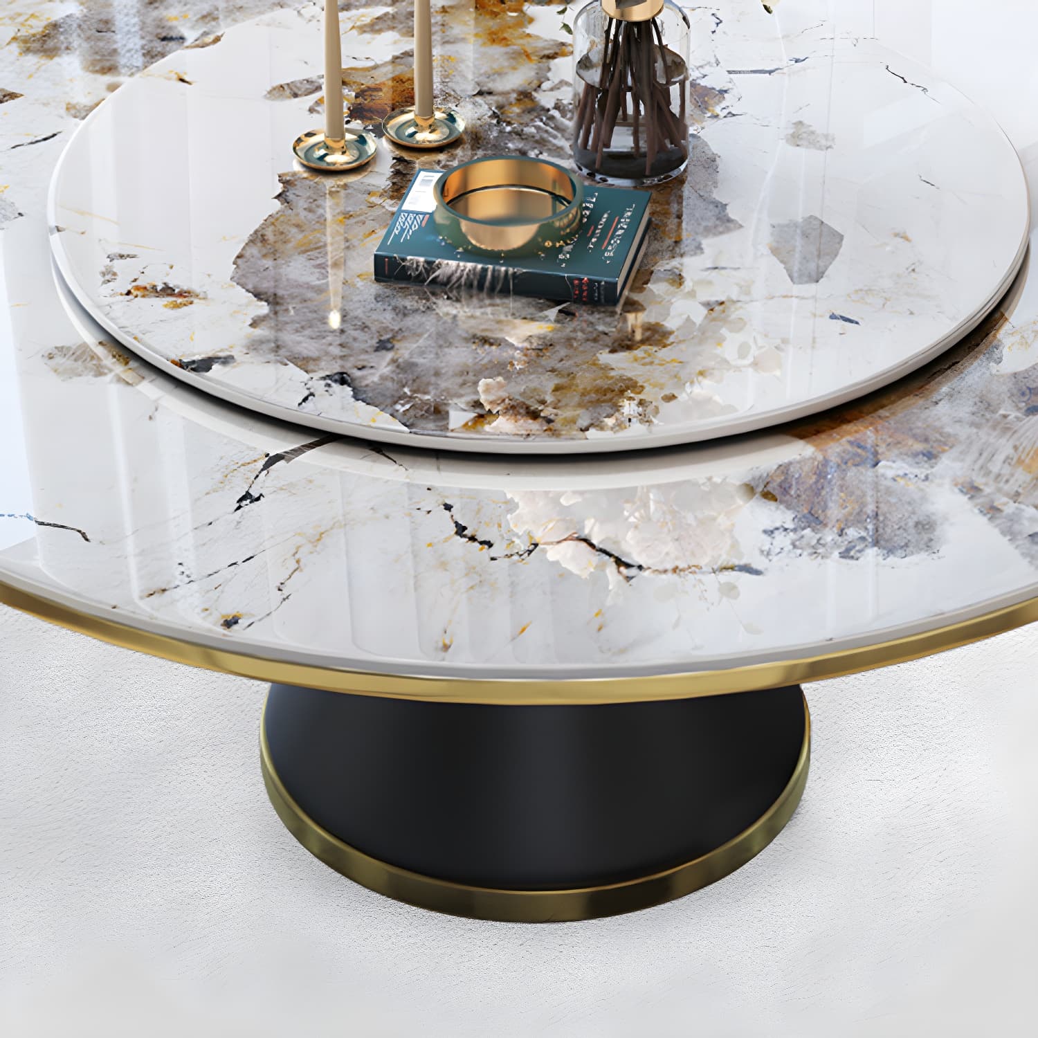 Glam Round Stone Dining Set in White - Fixed Table with Black Metal Pedestal Base thumbnail 9