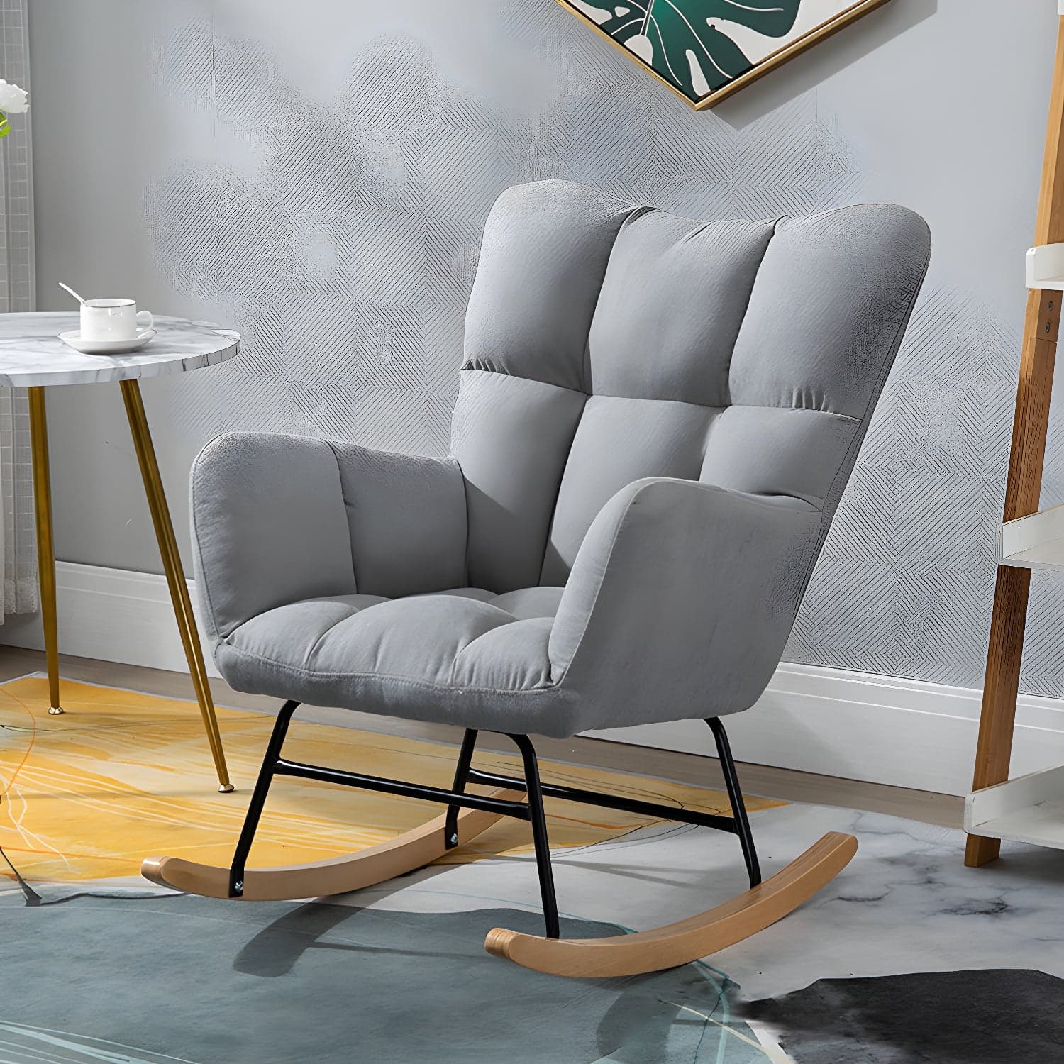 Modern Rocker Chair Upholstered Dark Legs Glider Button-Tufted thumbnail 8