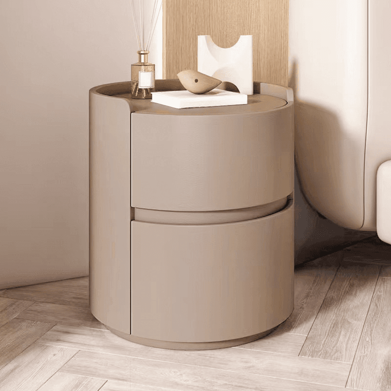 Scandinavian Round Nightstand with 2 Drawers and Synthetic Leather Countertop thumbnail 6