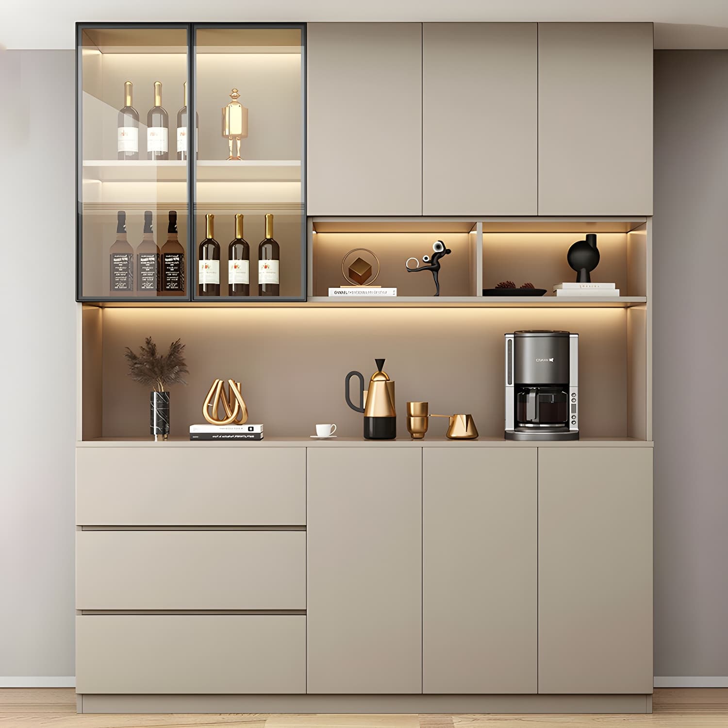 Contemporary Champagne Engineered Wood Shelves Included Sideboard with Doors