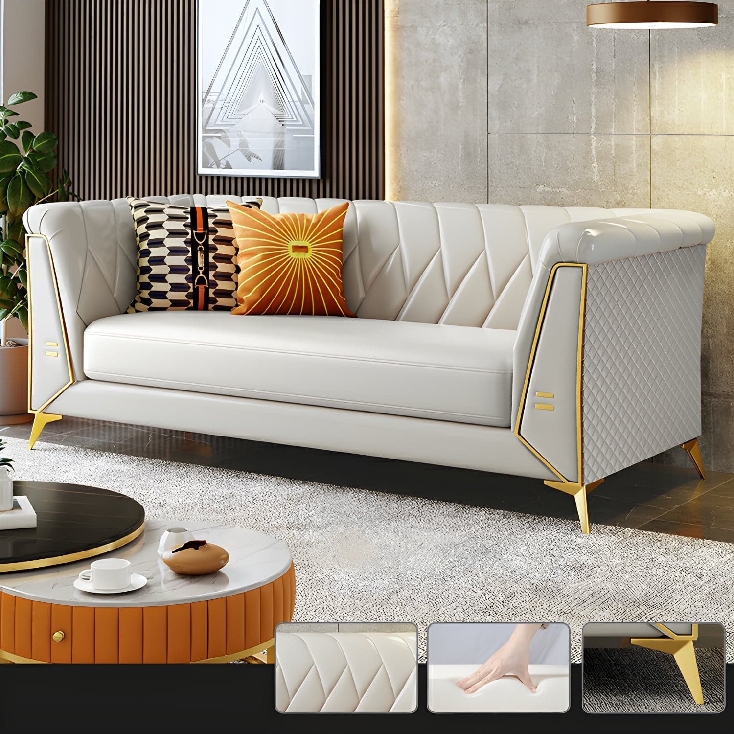 Glam Faux Leather Standard Sofa with Tuxedo Arms in Solid Color thumbnail 7