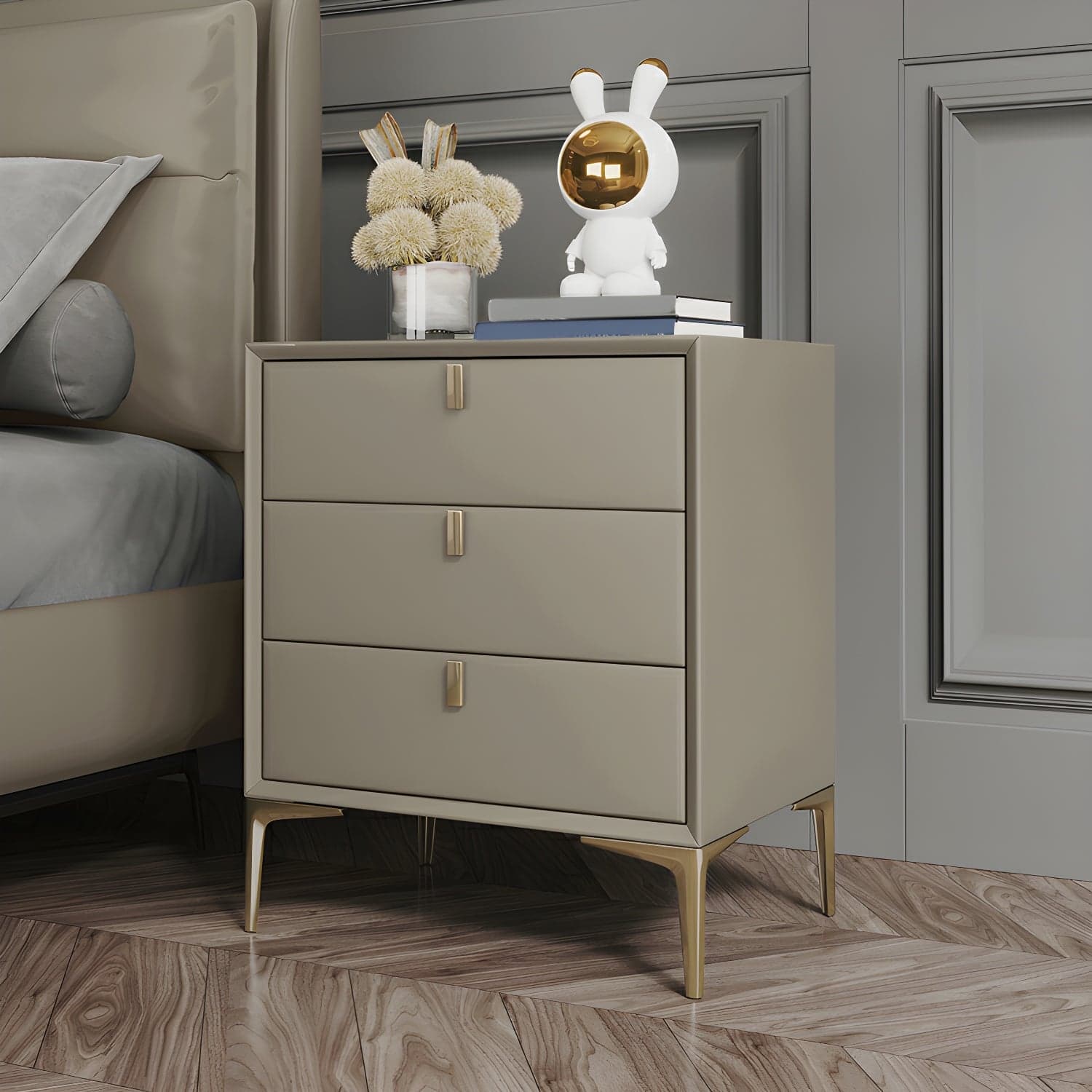 Glam Style Solid Wood 3-Drawer Nightstand with Legs for Bedroom thumbnail 7