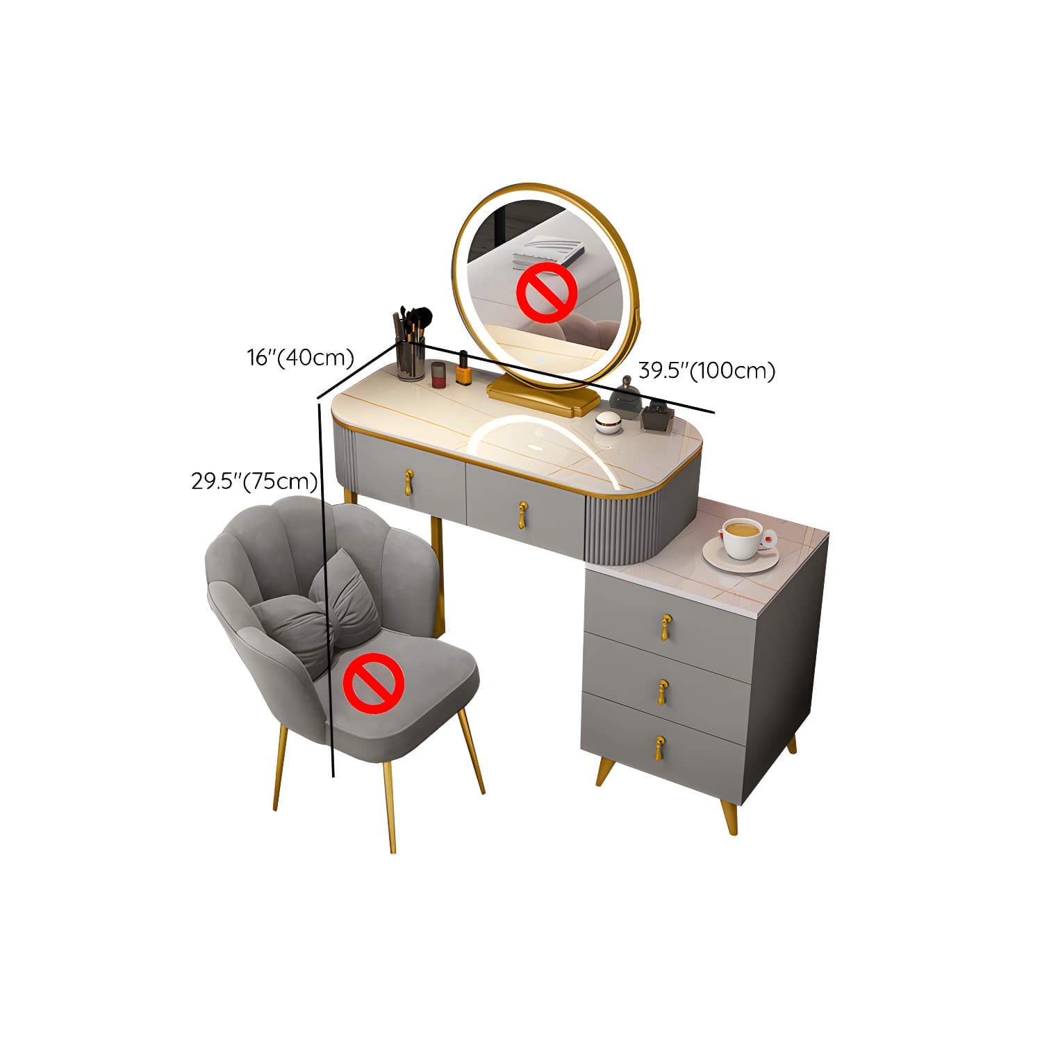 Gold Base Makeup Counter 15.74" Wide Vanity Tables with Storage Drawers thumbnail 32