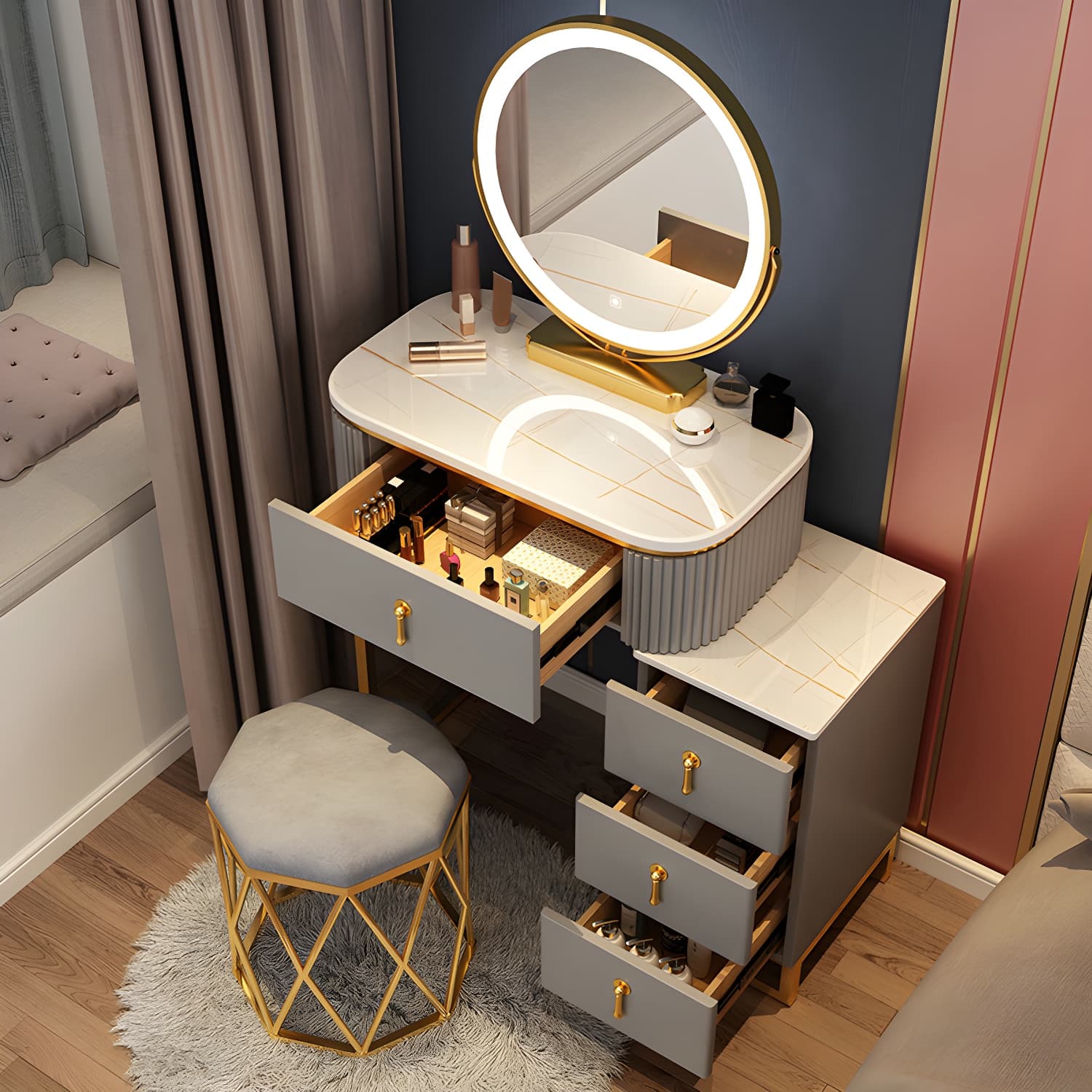 Lighted Mirror Makeup Vanity Desk with 4 Drawers Glam Makeup Vanity Set thumbnail 6