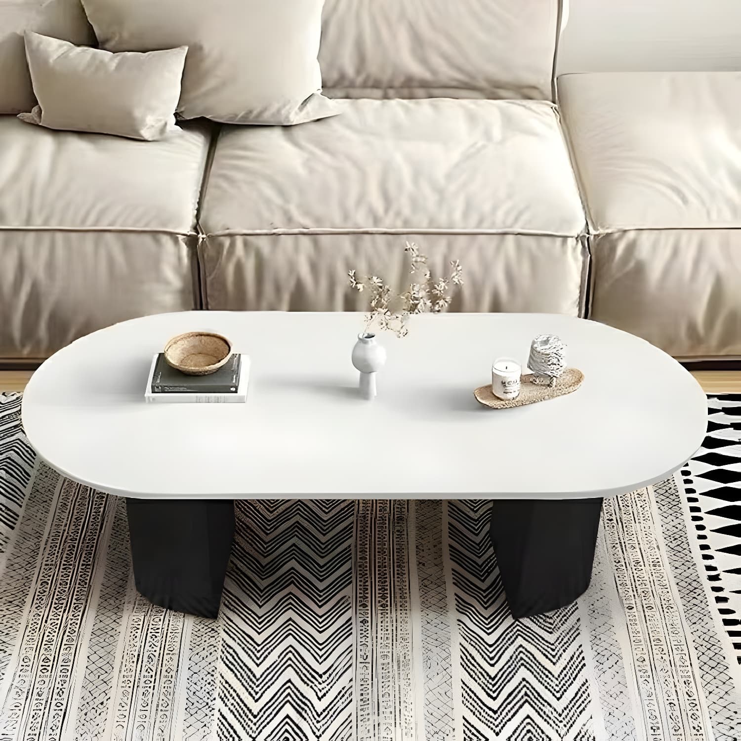 Modern Oval Stone Coffee Table with Double Pedestal Base for Living Room thumbnail 4