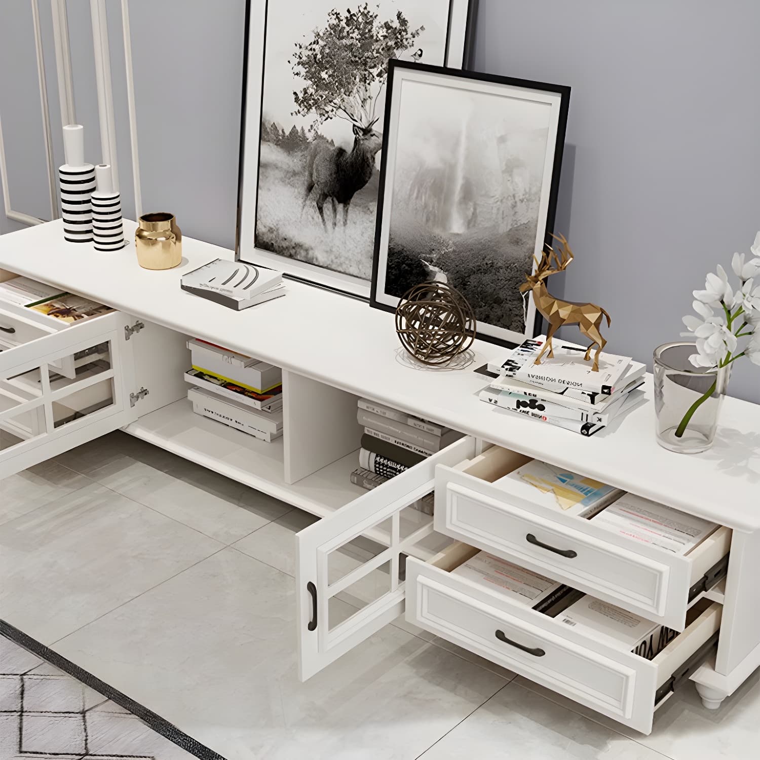 Modern Wood TV Stand with Drawers, Shelves, and Legs - Low Height - Cable Management thumbnail 10
