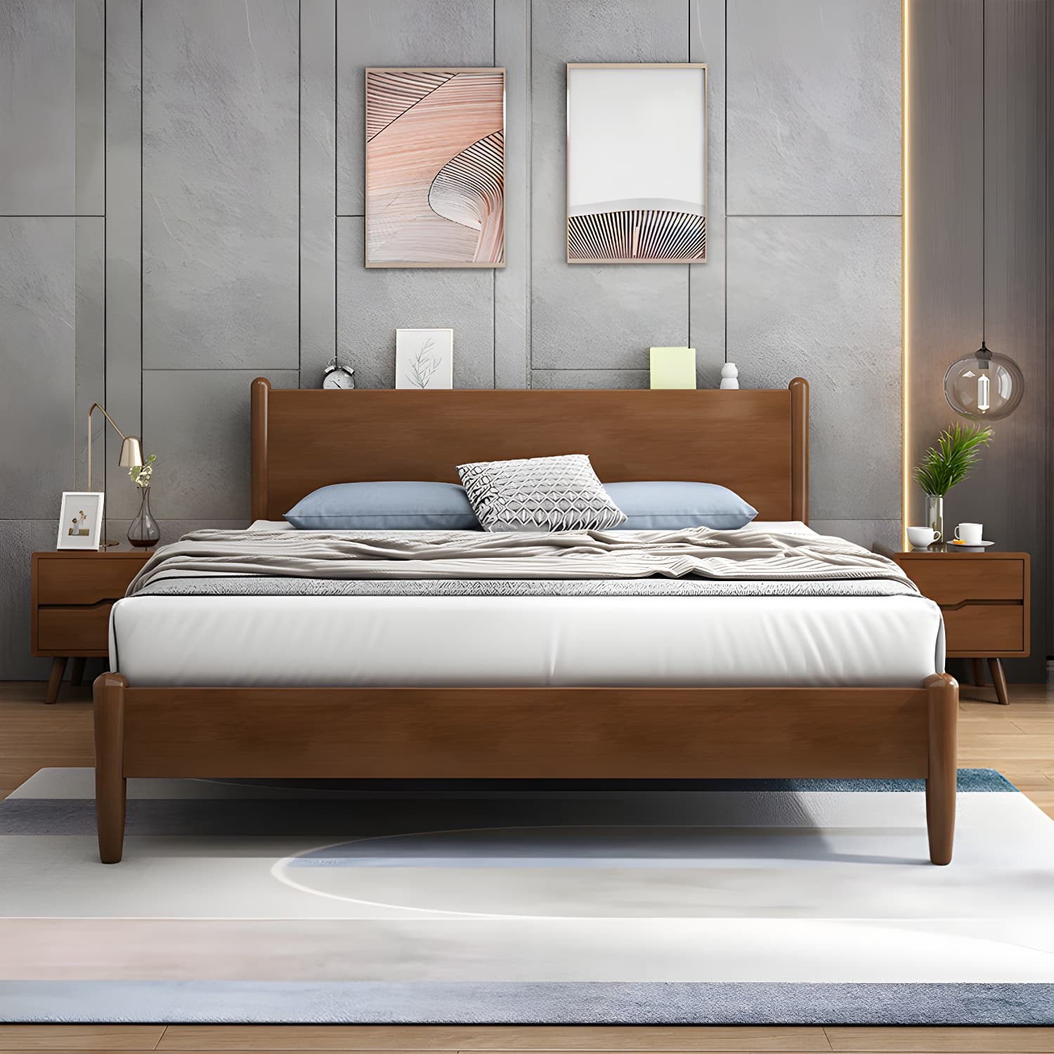 Northern European Solid Wood Bed Frame Mattress Included Panel Bed with Headboard thumbnail 6