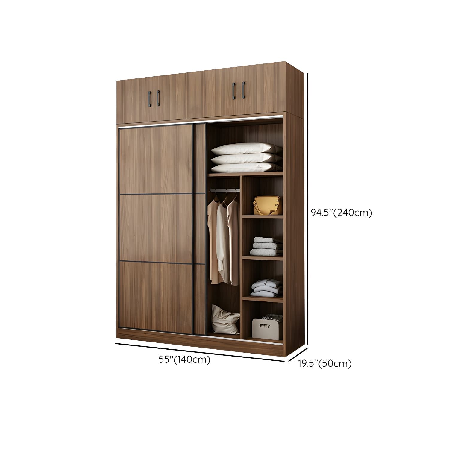 Non-Adjustable Traditional Brown Wood Wardrobe Armoire with Sliding Doors & Soft Close Drawers thumbnail 17