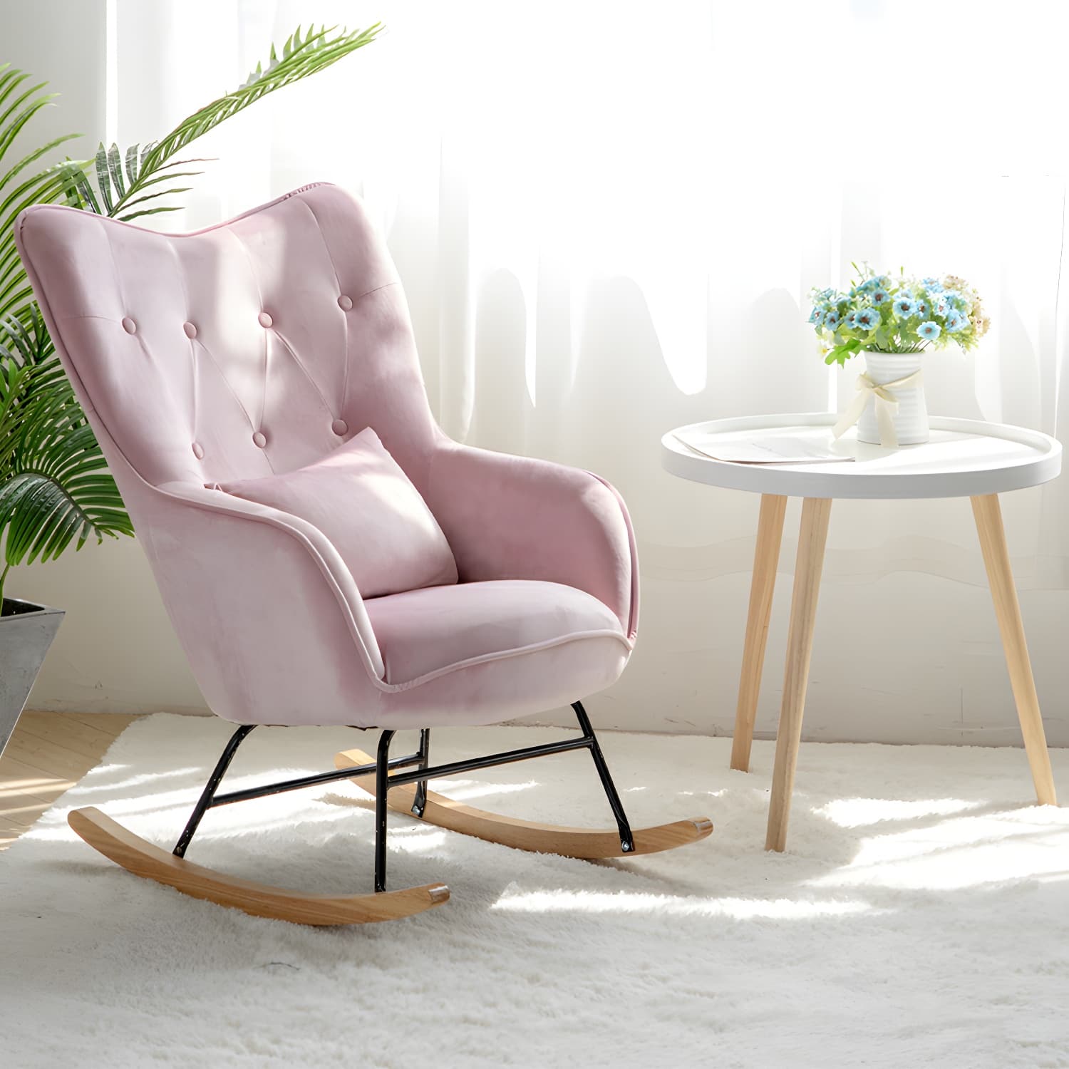 Stylish Modern Upholstered Rocking Chair with Natural Wood Legs and Tufted Back Cushion thumbnail 12