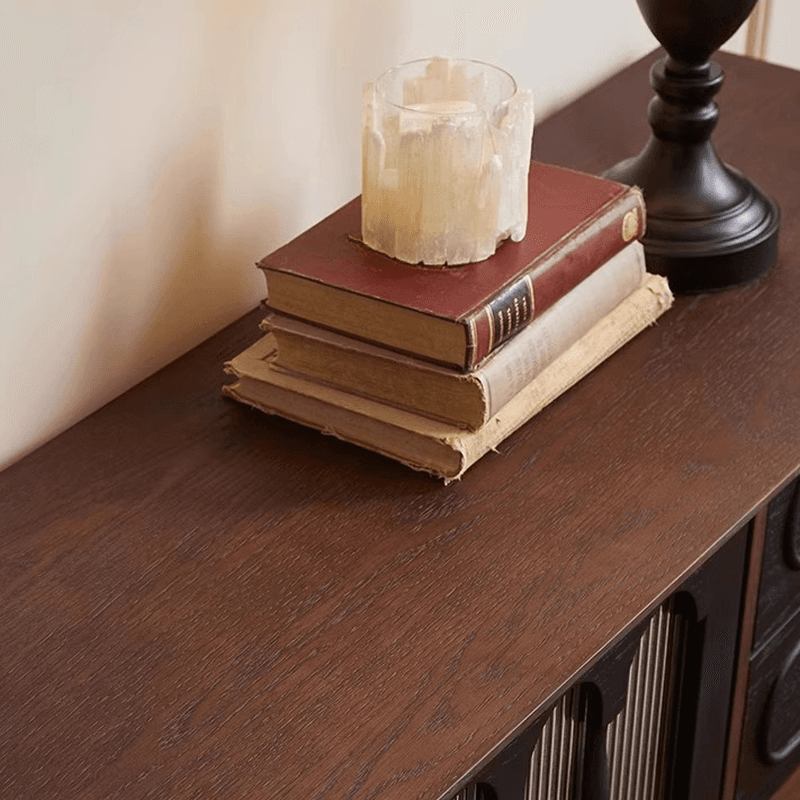 Pecan Art Deco Natural Wood TV Stand with 4 Drawers, Locker, Cable Management, and Adjustable Shelving thumbnail 4