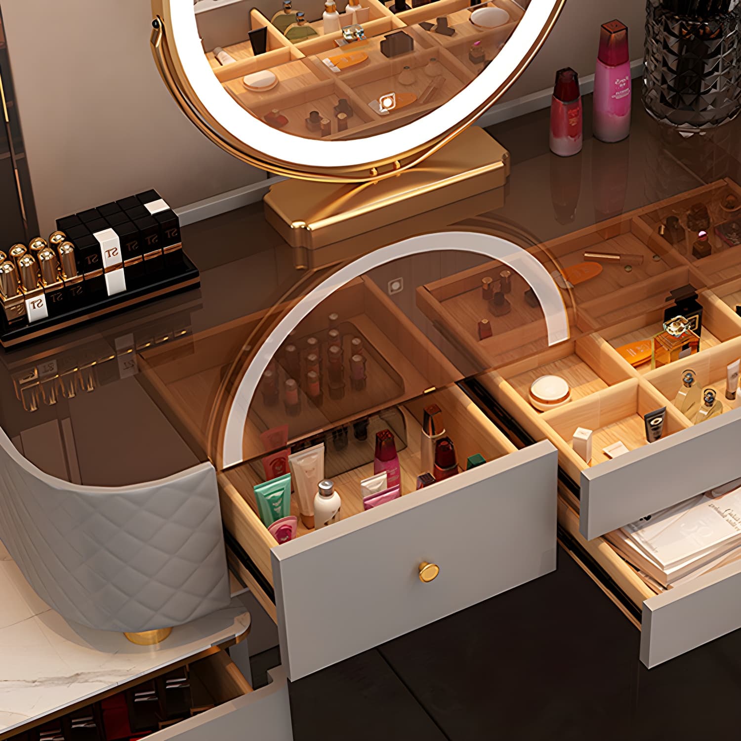 Lighted Mirror & Jewelry Makeup Vanity Metal Dressing Table Stool Set thumbnail 12