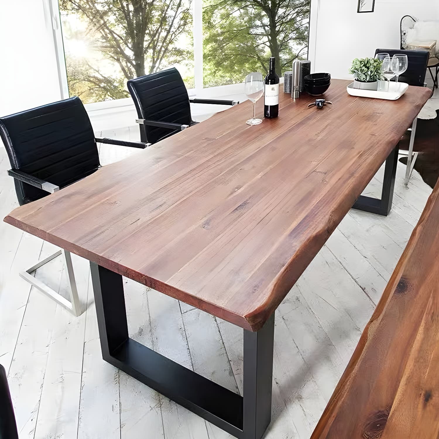 Rectangle Double Pedestal Industrial Dining Table Fixed Table of Solid Wood thumbnail 5