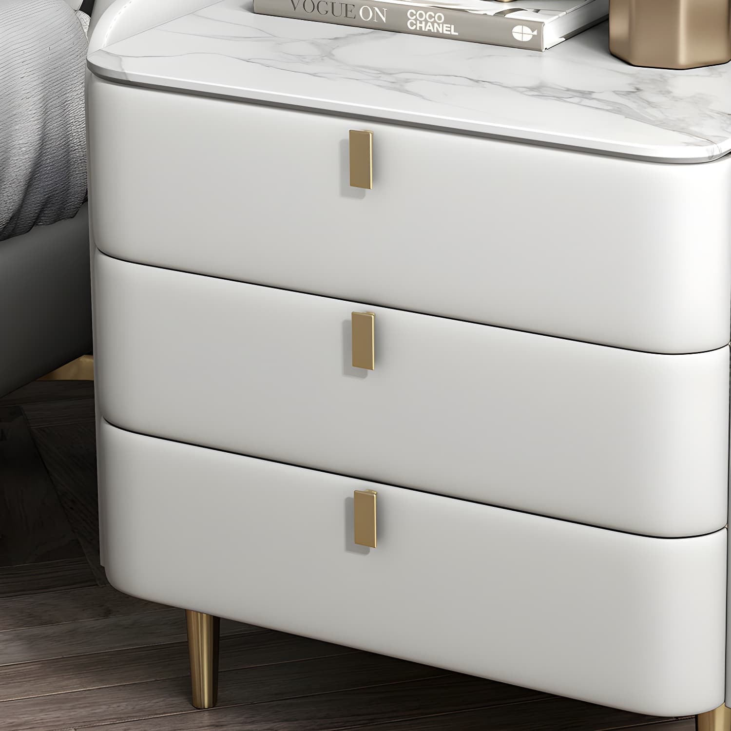 Stone Top Nightstand 3-drawer Leather Night Table with 4 Legs thumbnail 15