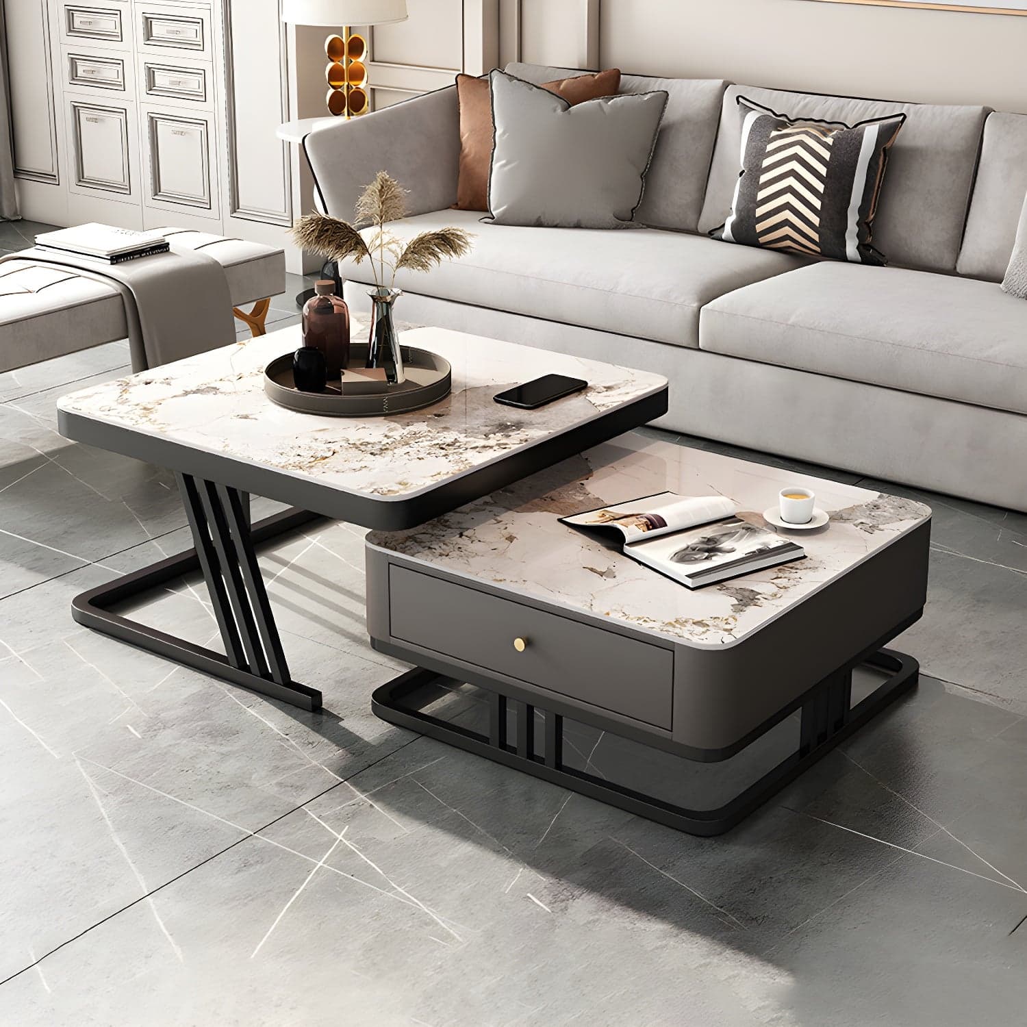 Modern Round Glass / Slate Cocktail Table Steel Frame Coffee Table with Drawer thumbnail 7