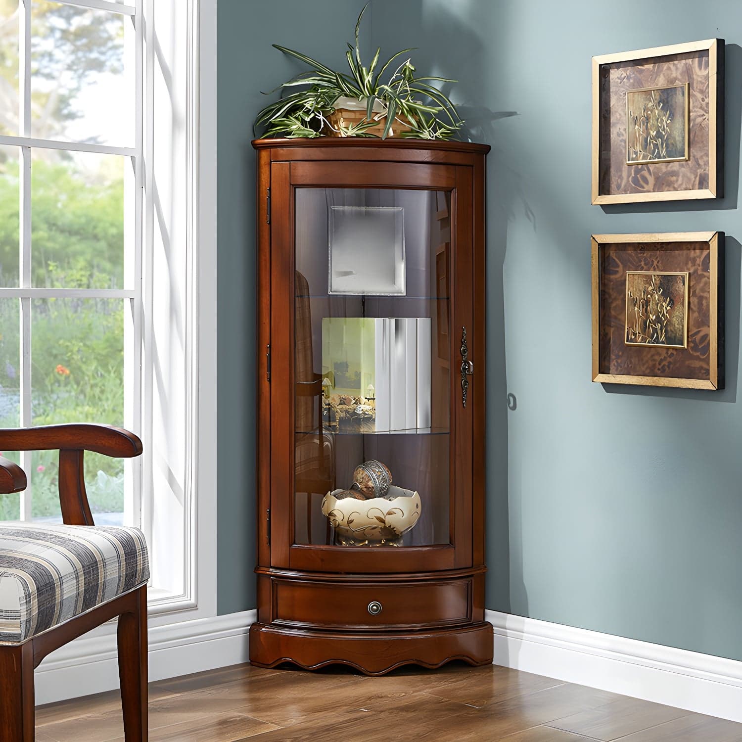Industrial Triangle Accent Cabinet Solid Wood Storage Cabinet with Glass Doors thumbnail 1