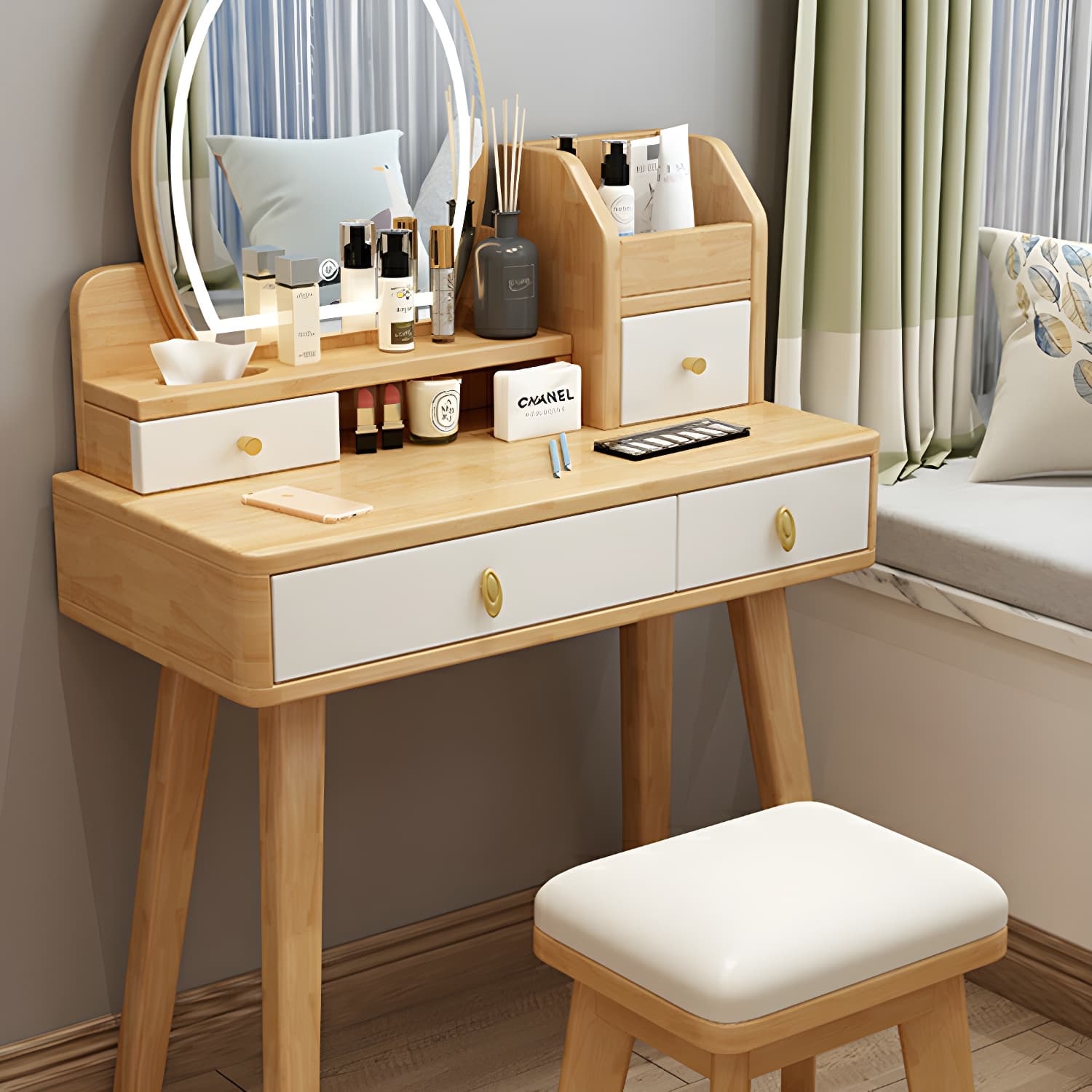 Modern Wood Makeup Vanity with Drawers, Mirror & Upholstered Chair thumbnail 12