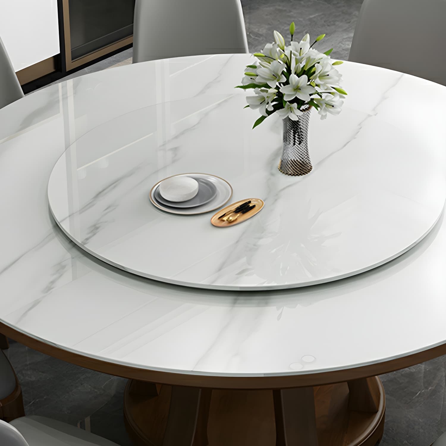 Modern Wood Dining Table Set with White Table top and Solid Wood Brown Base thumbnail 6