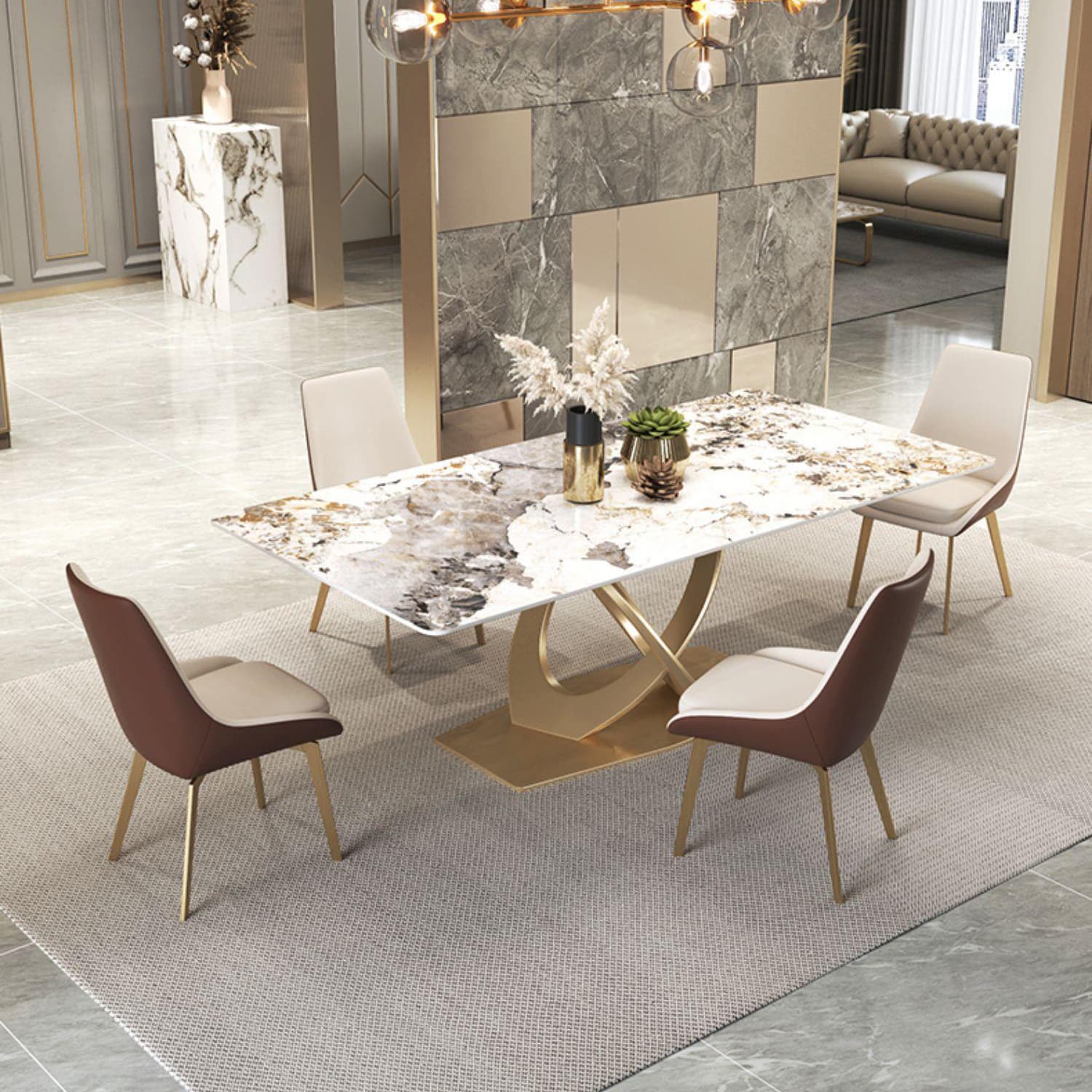Glossy Beige Dining Table Set 1/2/5/7 Pcs Glam Dinette Set with Leather Chairs thumbnail 1