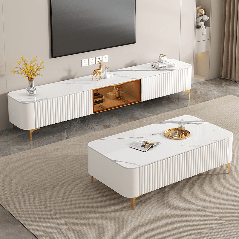 Simplistic Rectangular Vitreous TV Stand with Locker, Cable Management & 2 Drawers thumbnail 8