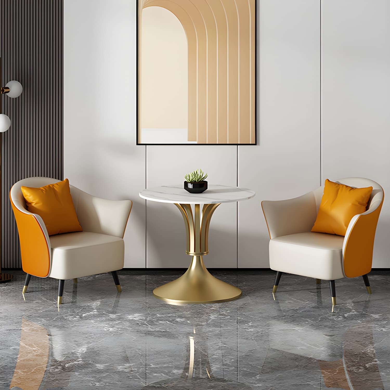 Metal Glam Dining Set with Padded Chairs 1/2/3/5 Pcs White Stone Dining Table Set thumbnail 1