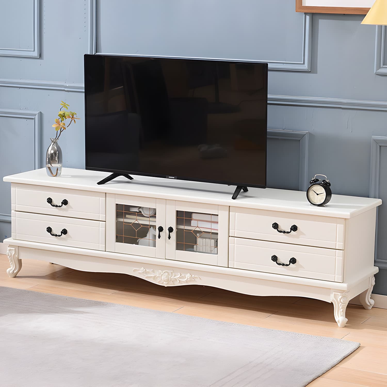 Traditional Solid Wood TV Cabinet Living Room Luxury TV Stand with Glass Doors thumbnail 4