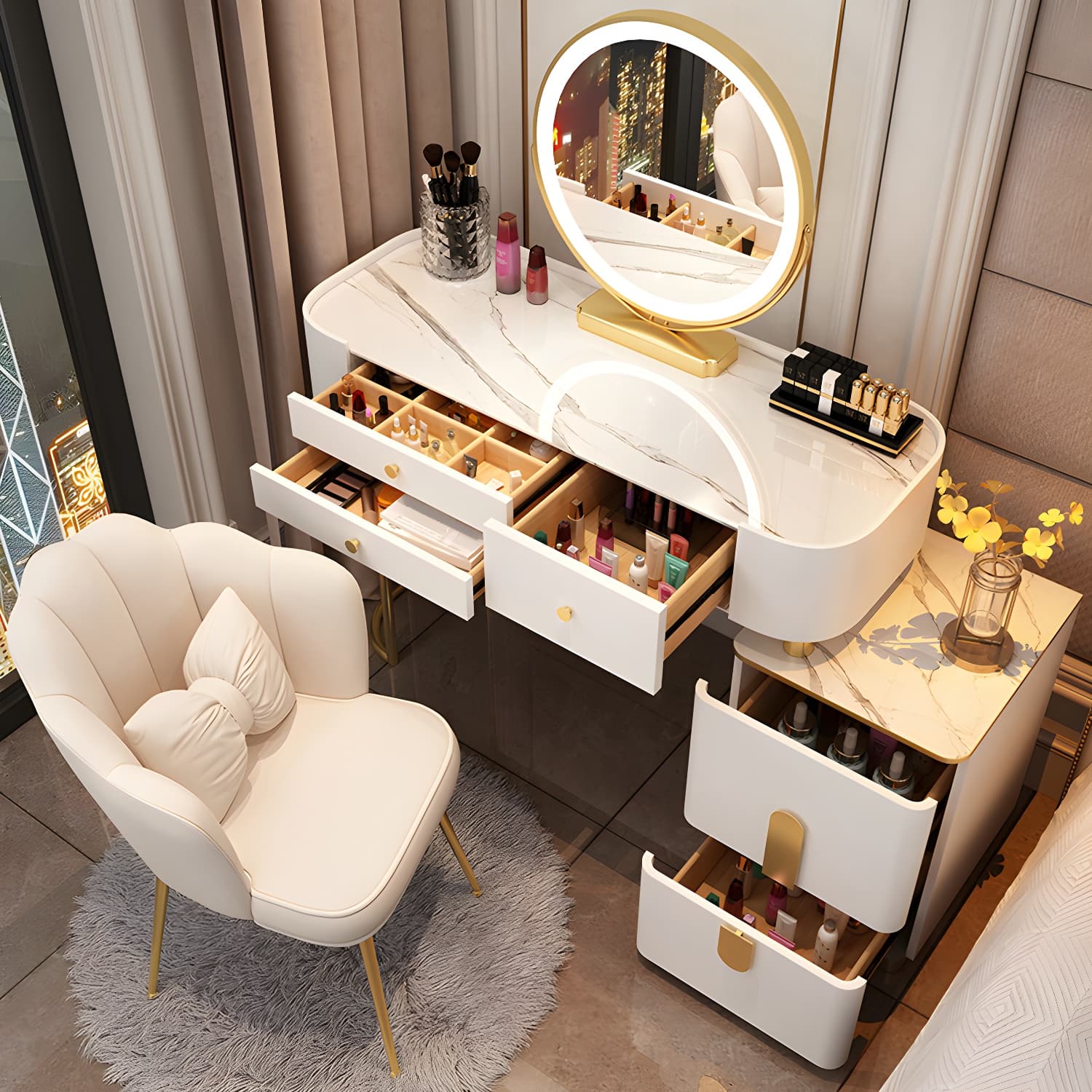 Glass Top Makeup Vanity Storage Box Vanity Dressing Table for Bedroom thumbnail 4