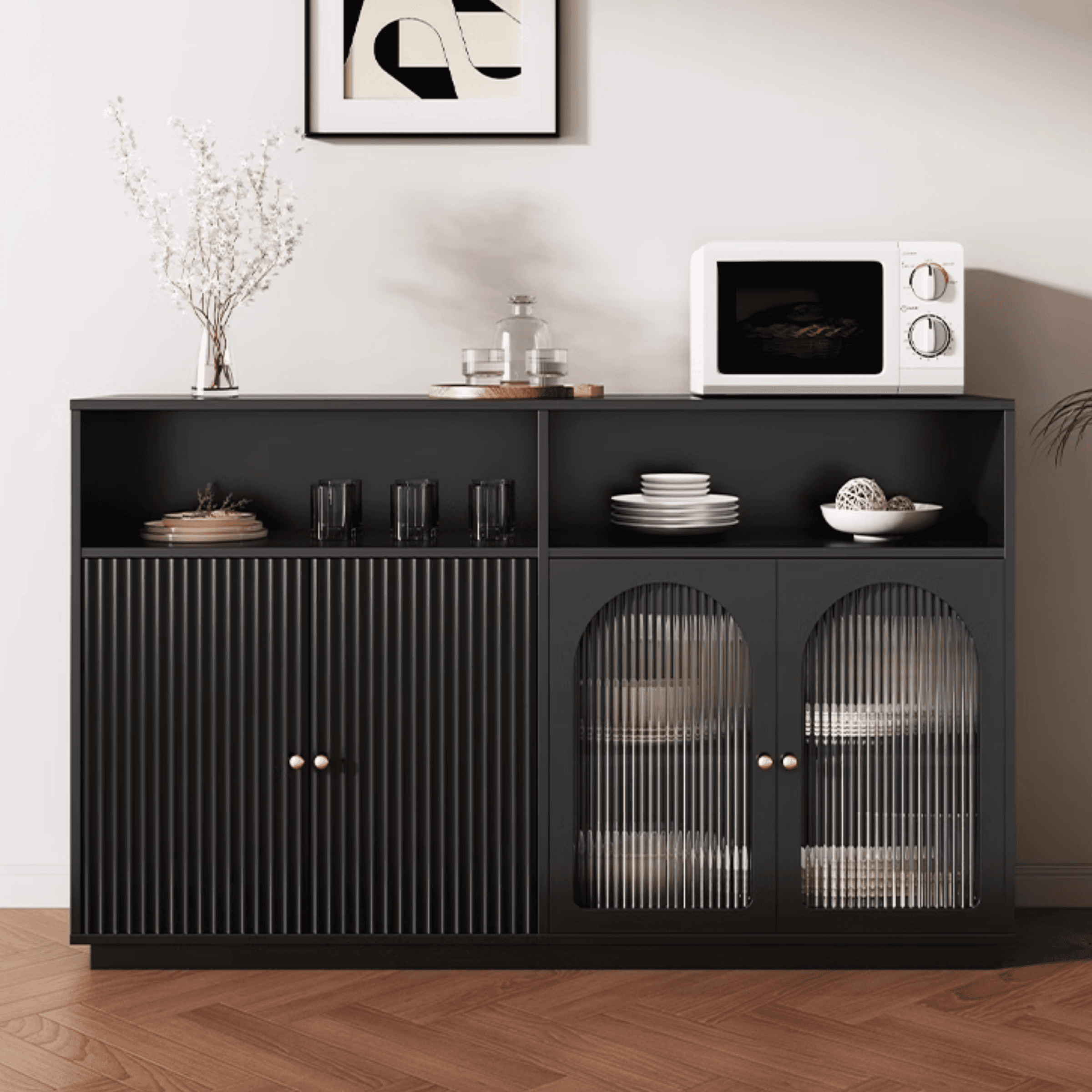 Standard/Narrow Midnight Black Lumber Cupboard 2 Shelves Pantry Hutch Glass-panel Door Sideboard thumbnail 1