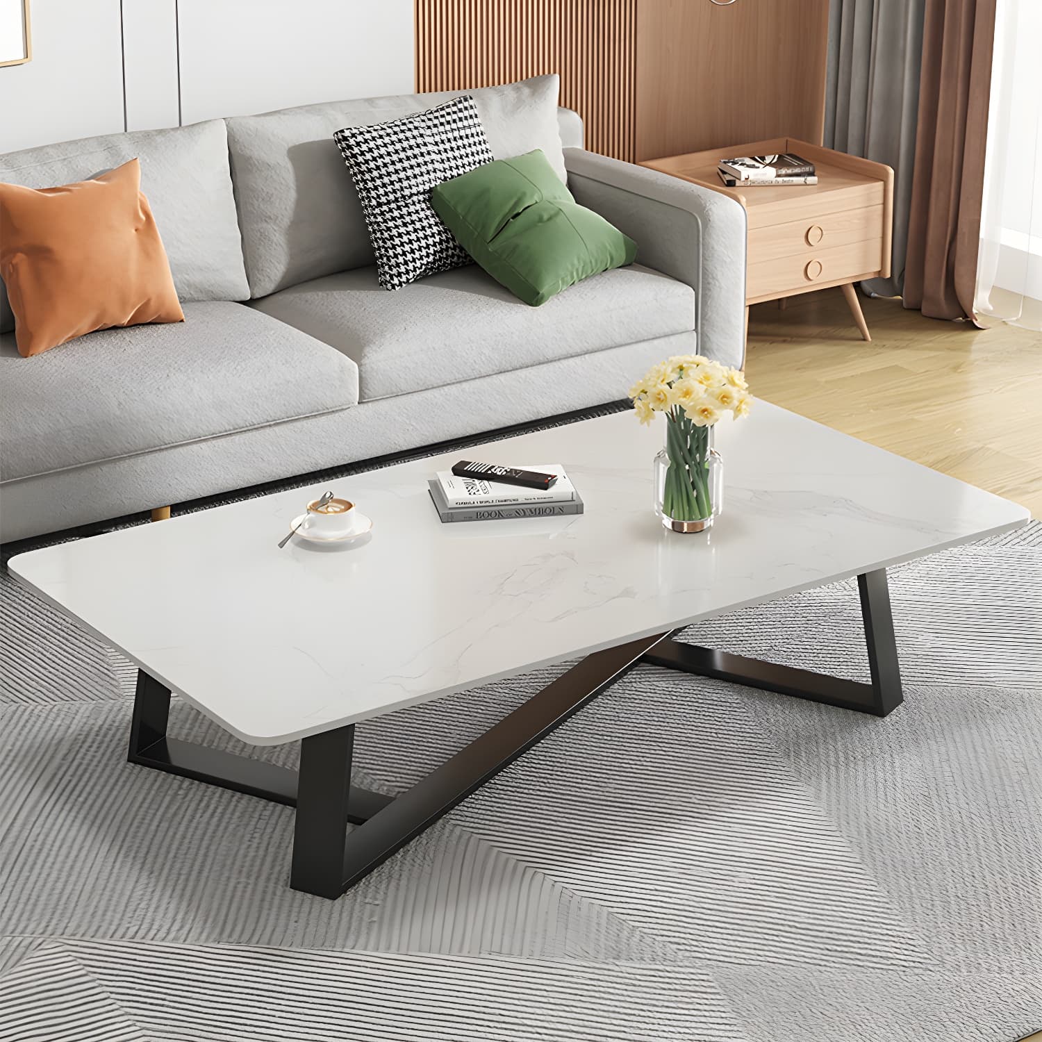 Stone and Metal Coffee Table Contemporary Coffee or End Table with Cross Legs thumbnail 5