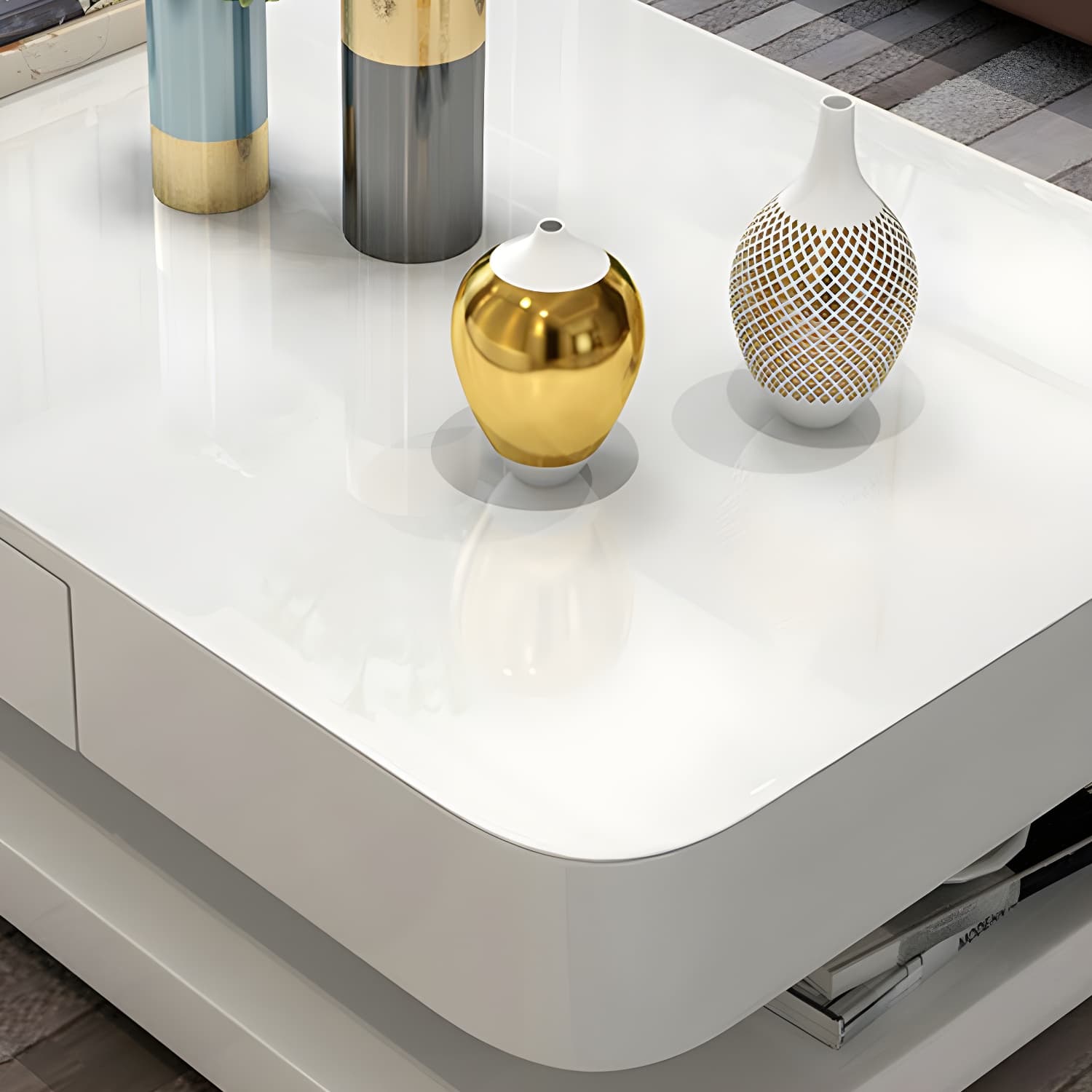 White Modern Coffee Table with Rectangular Wood Top & Block Base thumbnail 6