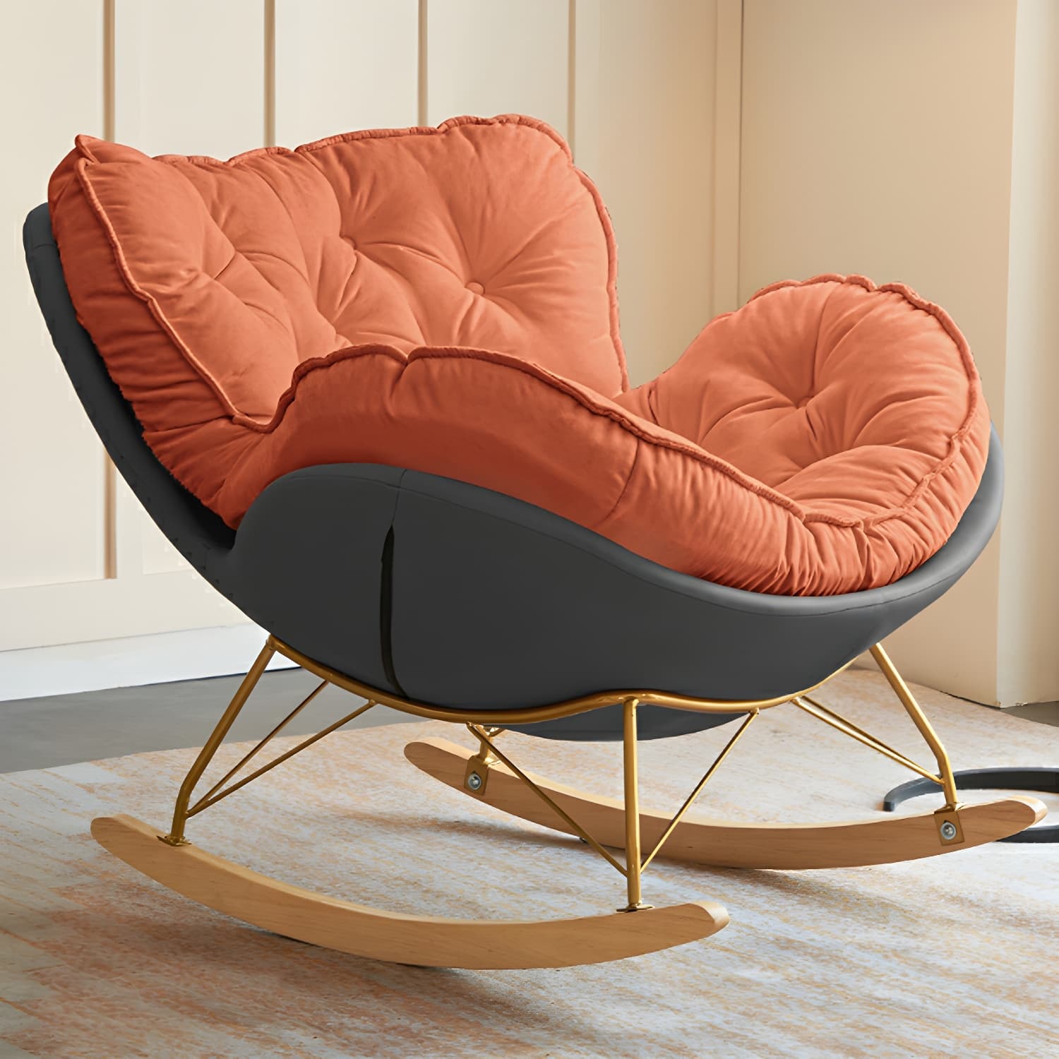 Stylish and Comfortable Modern Rocking Chair with Natural Wood Legs and Upholstered Track Arms thumbnail 6