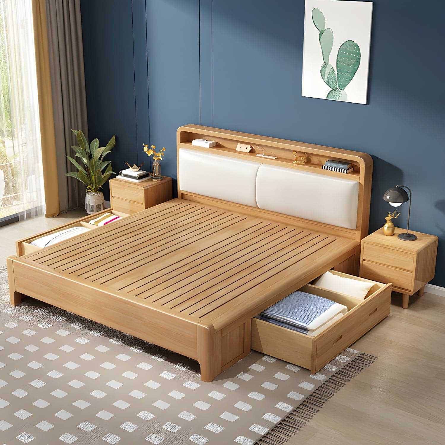 Scandinavian Solid Wood Bed with Four Legs and Upholstered Headboard thumbnail 10