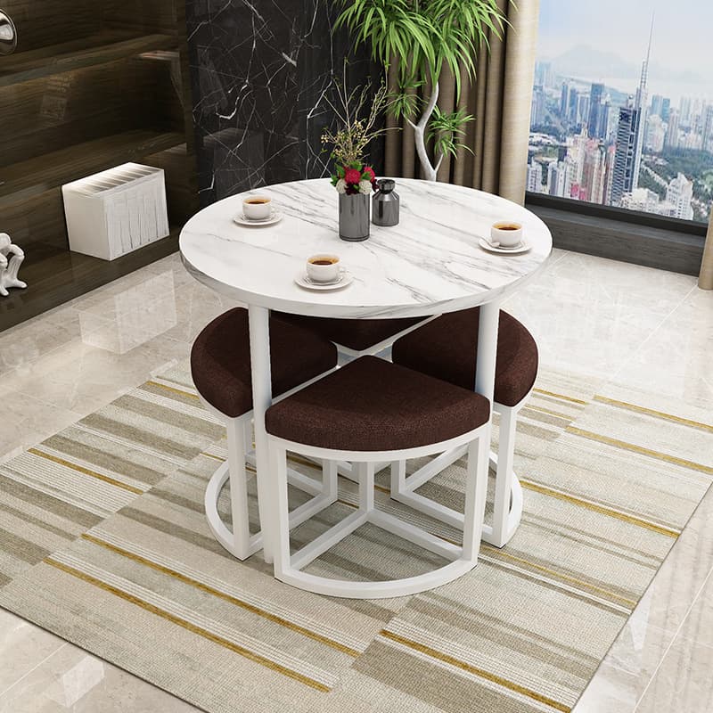 Reclaimed Wood Round Dining Table Set with Metal Toboggan Base and Upholstered Backless Chairs for 4 People thumbnail 40
